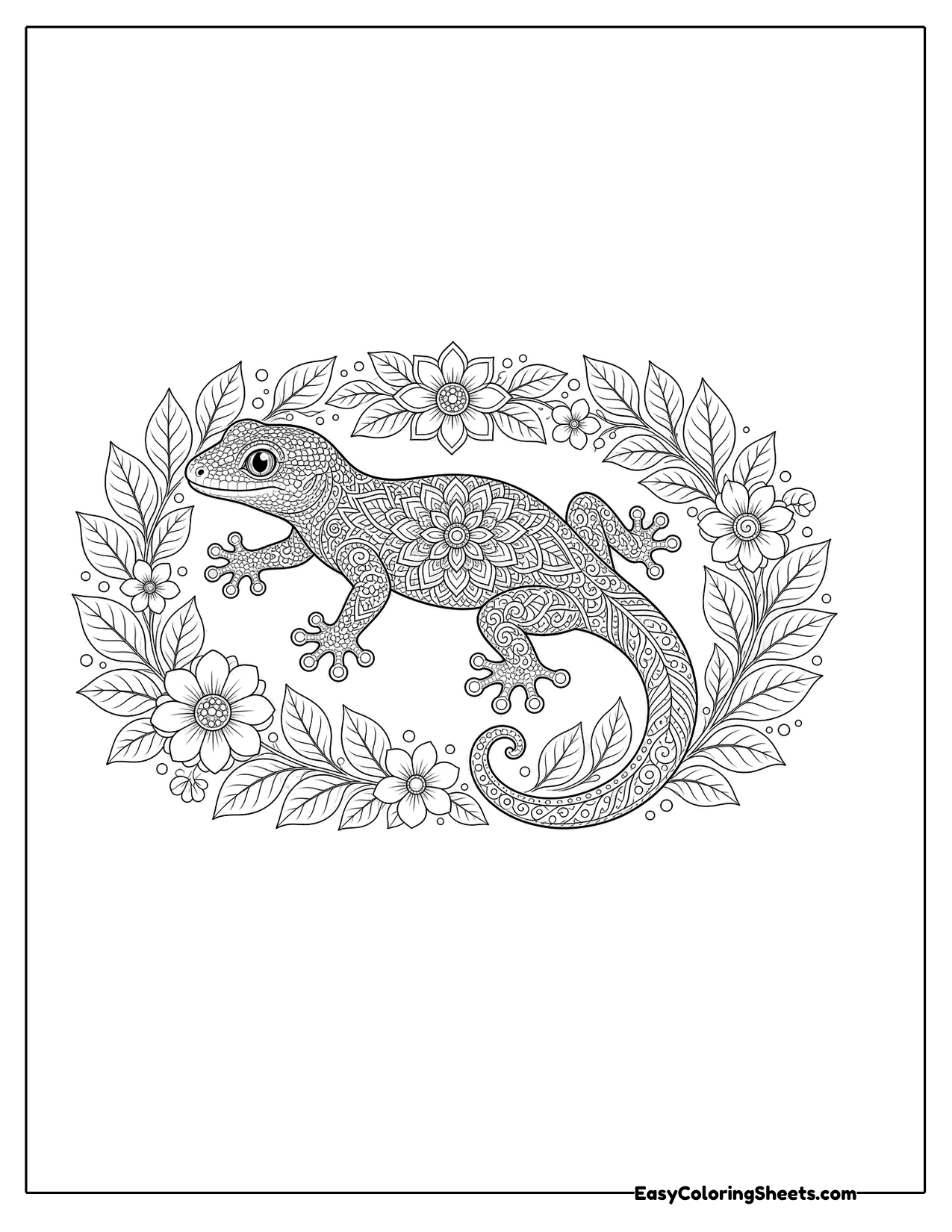 Patterned gecko inside a ring of leaves and flowers