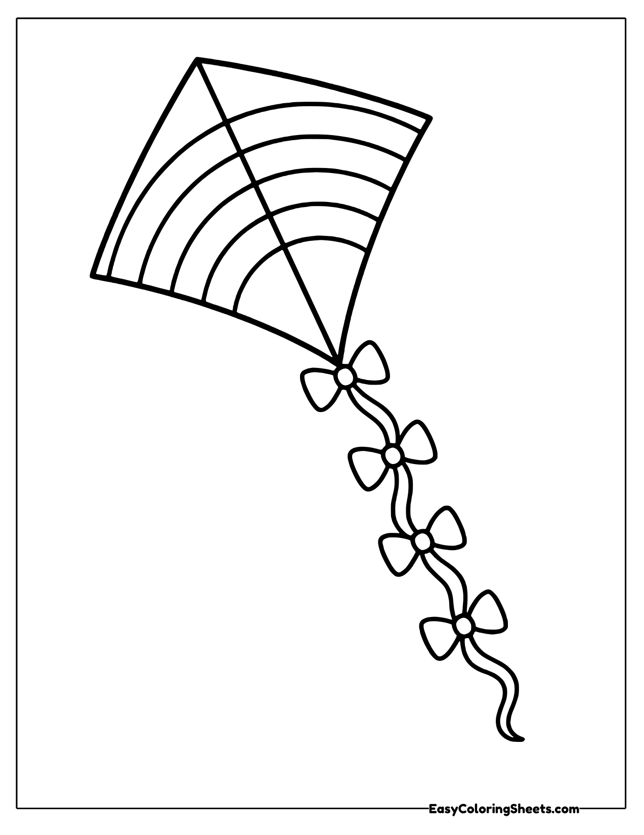 Flying diamond kite with rainbow bands and a bow tied tail