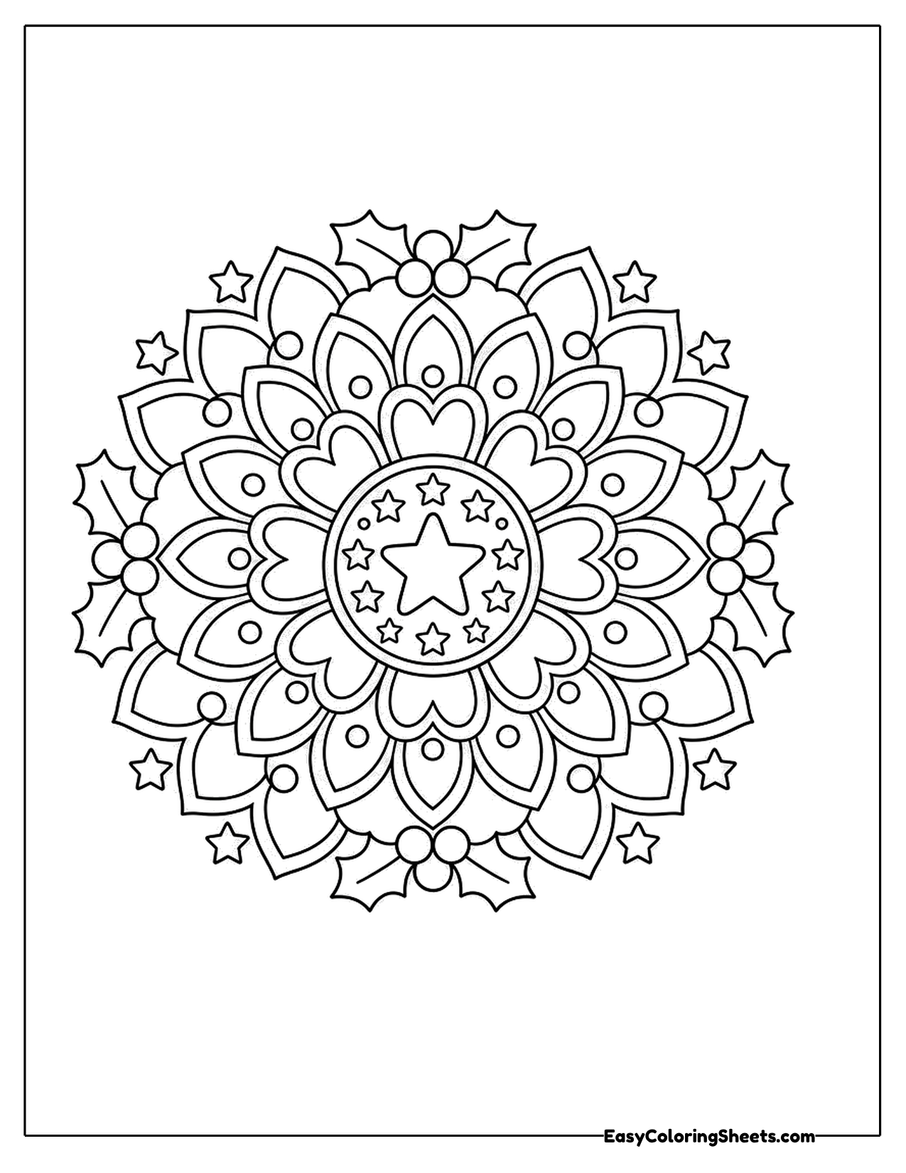 Round Christmas mandala with holly and stars