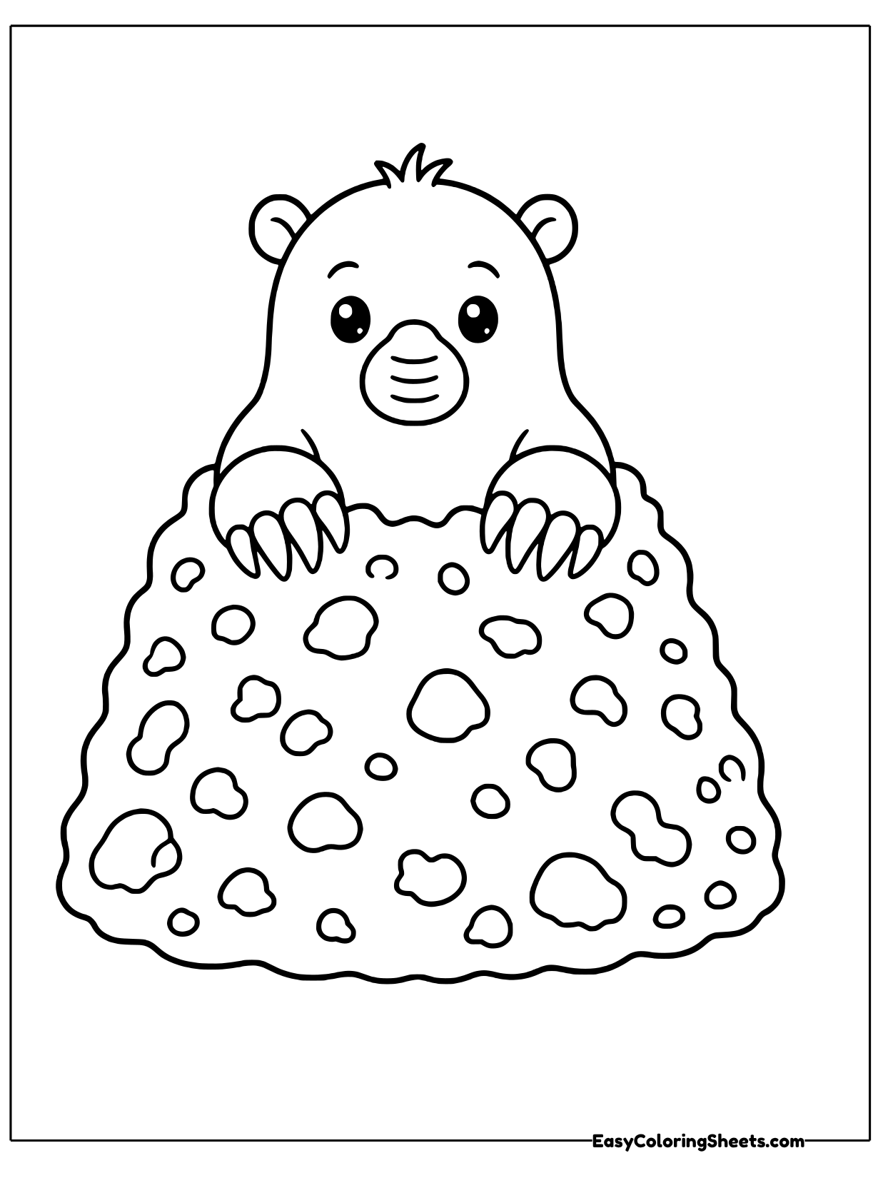 A round-faced mole pokes its head and paws out from the top of a large mound filled with pebbles and clods of dirt.