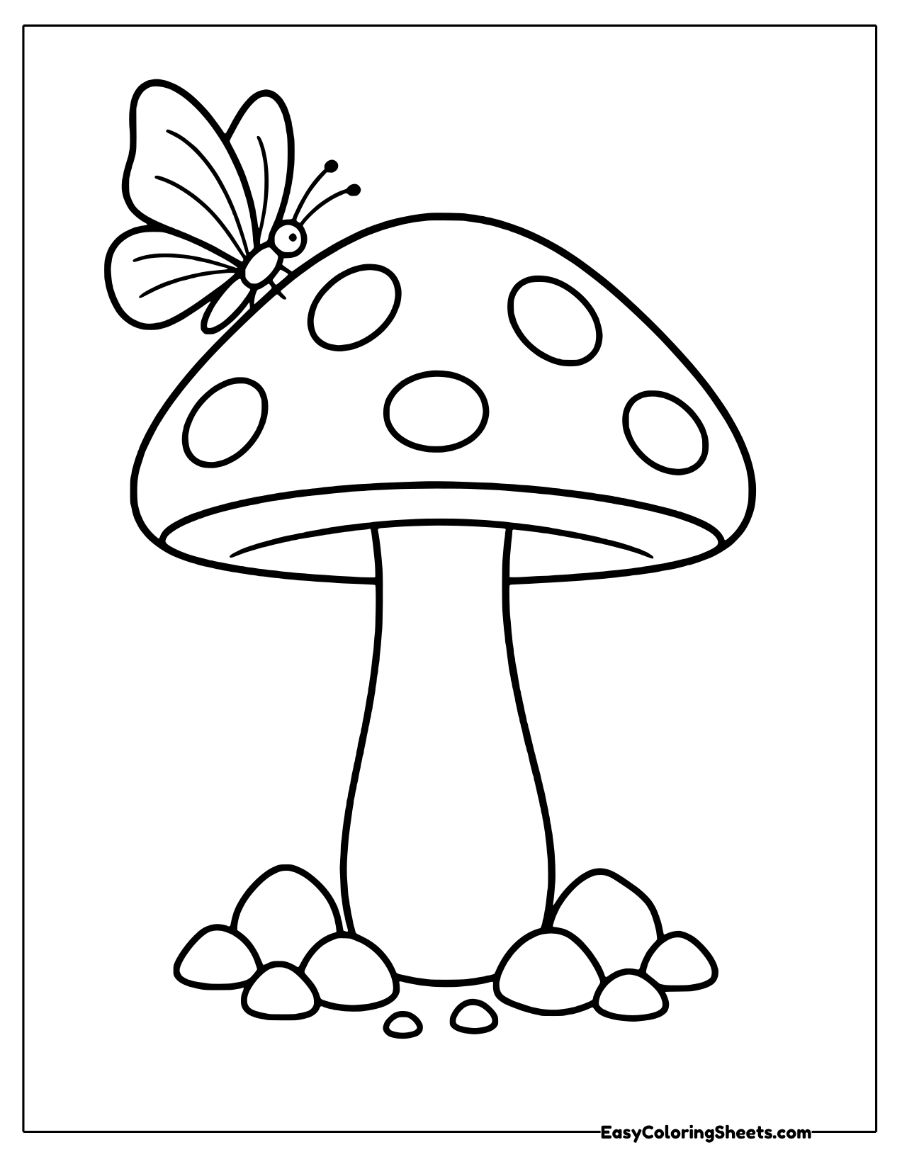 Mushroom with a butterfly and pebbles