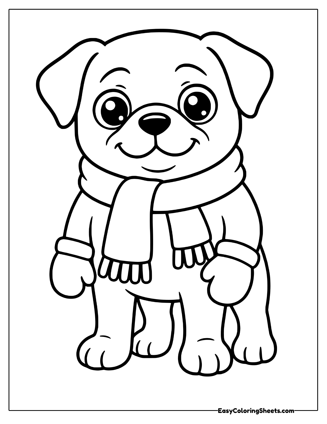 Chubby pug wearing a fringed scarf and mittens
