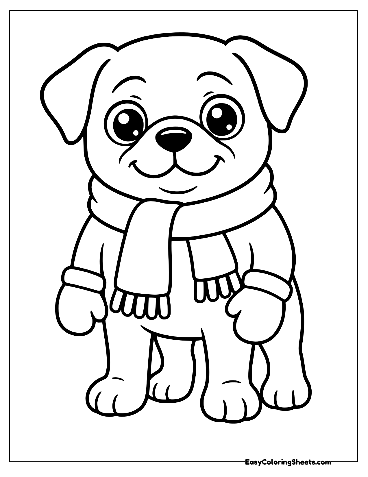 Chubby pug wearing a fringed scarf and mittens