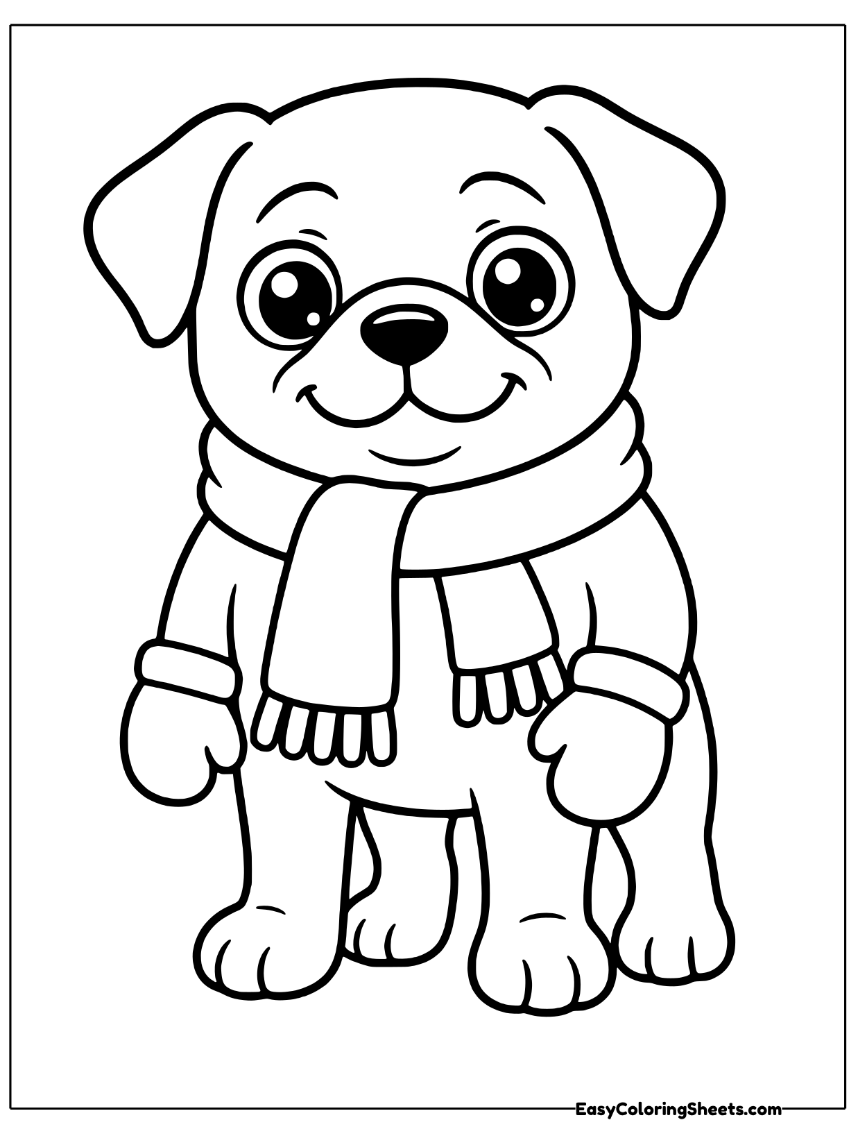 A chubby pug stands bundled up in a long fringed scarf with mittens on its front paws, all set for a chilly winter walk.
