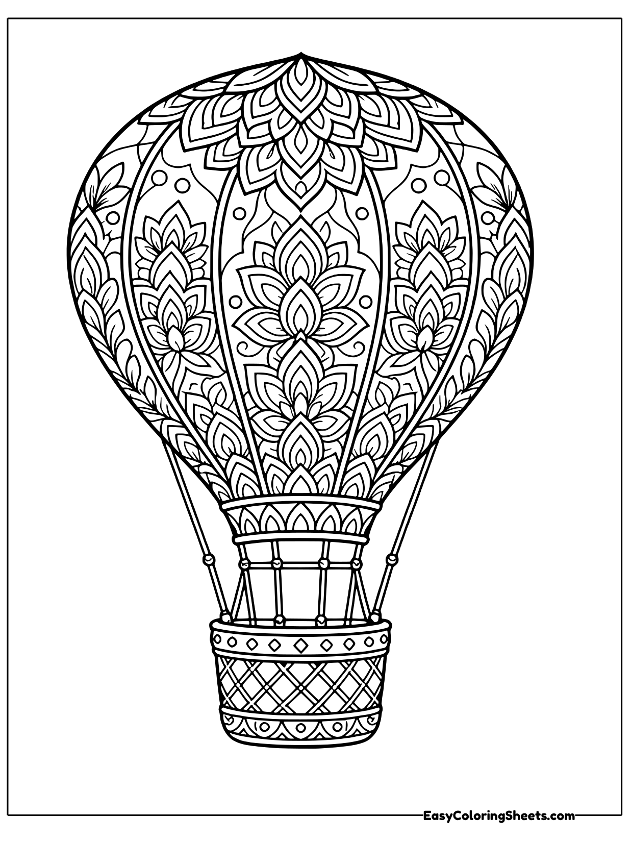 Every panel of this hot air balloon is filled with mandala style flowers, dots and lacy shapes.