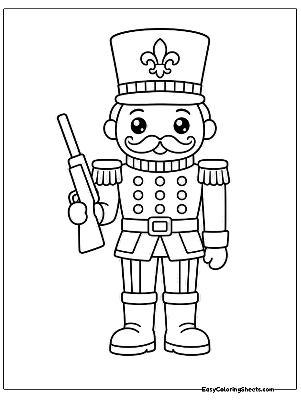 This is the traditional nutcracker soldier, standing straight with a tall hat and a neat uniform.