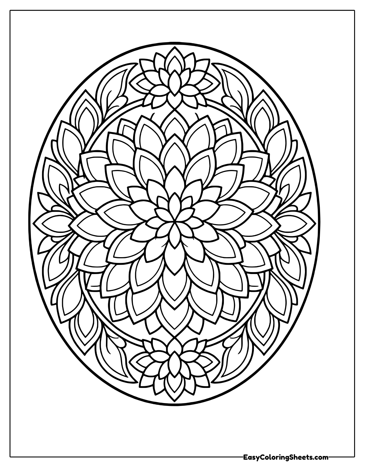 Layers of narrow, pointed dahlia petals spiral around the center inside an oval frame.