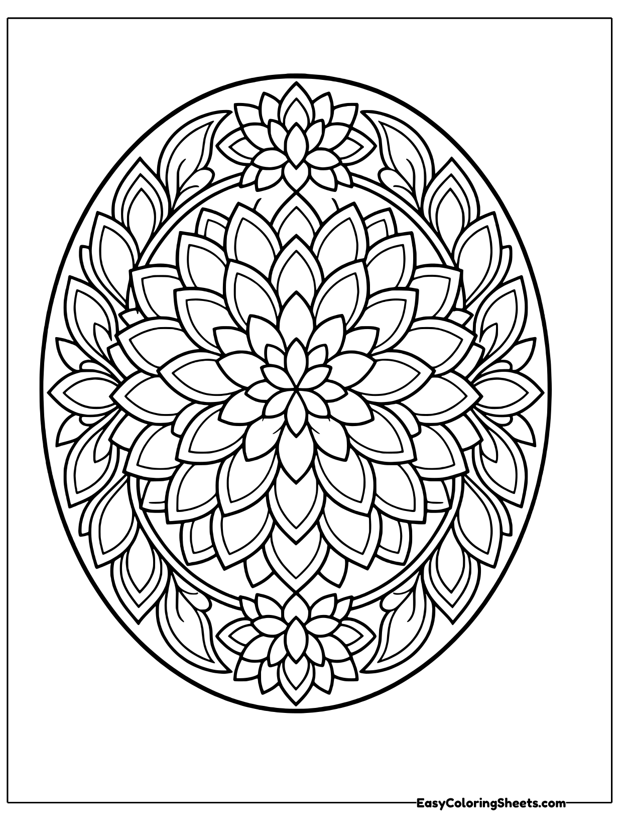 Layers of narrow, pointed dahlia petals spiral around the center inside an oval frame.