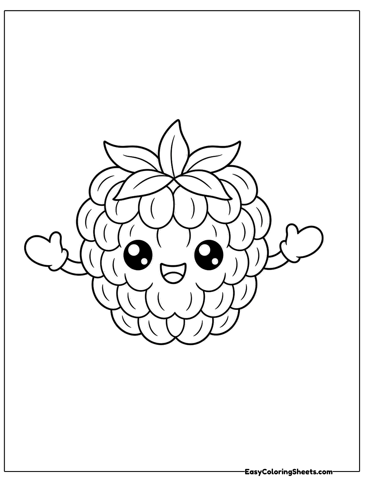 A raspberry with a smiling face, little arms and a leafy top fills the page.