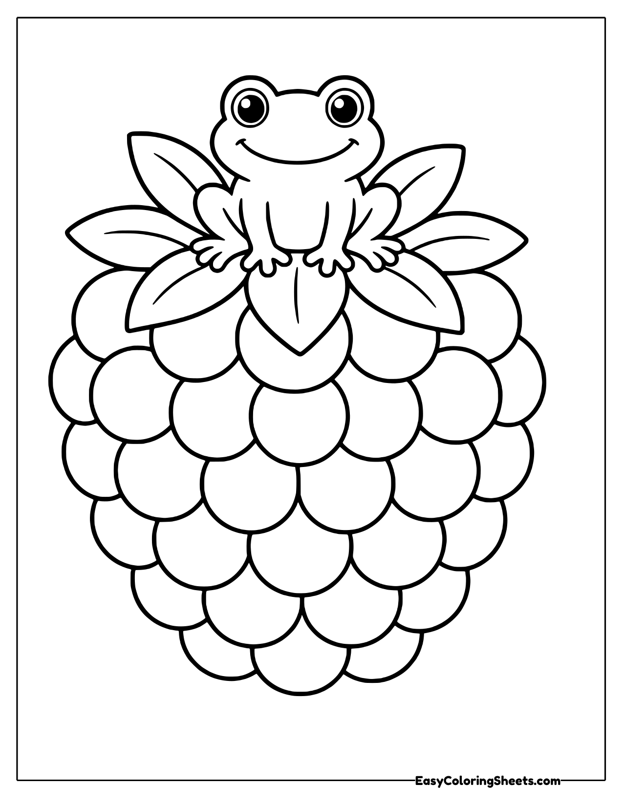 Smiling frog sitting on the leafy top of a giant raspberry