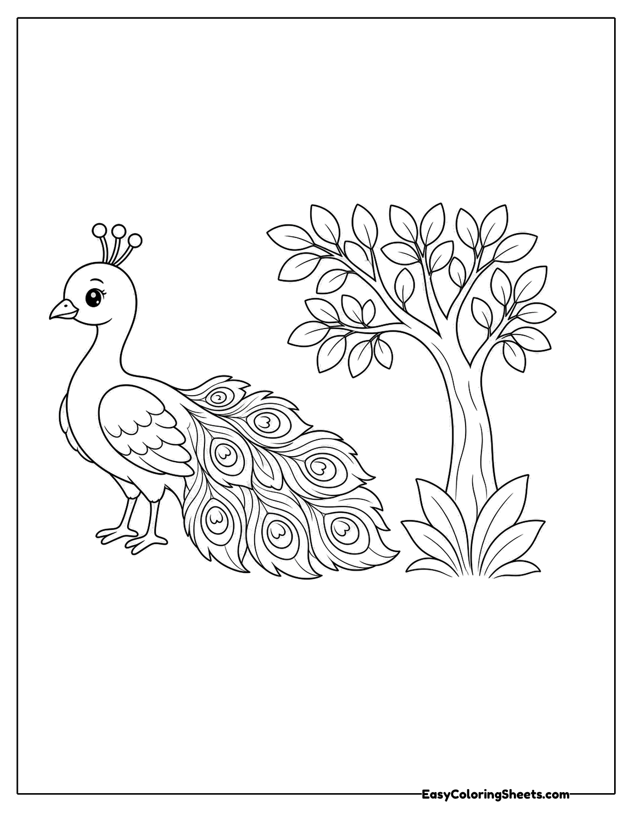A peacock with a long trailing tail stands beside a small leafy tree.