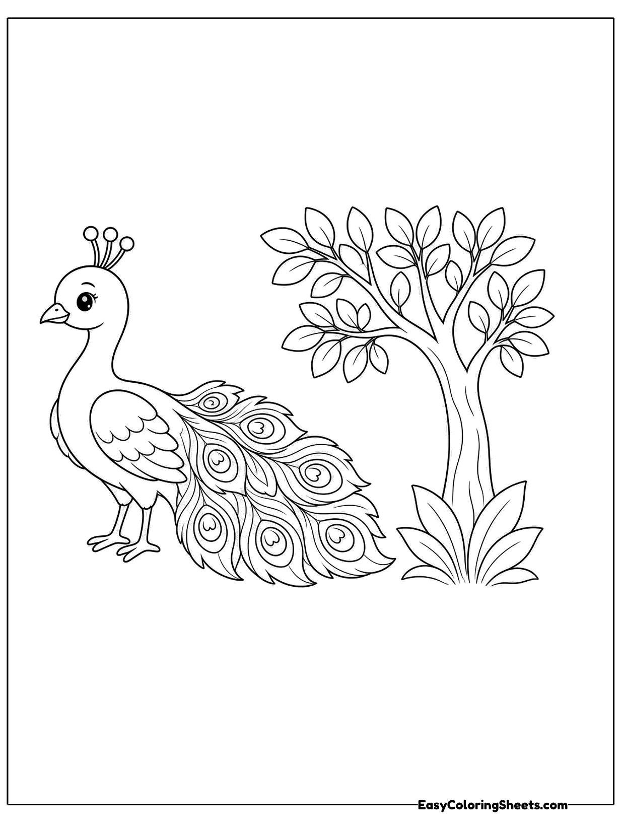 A peacock with a long trailing tail stands beside a small leafy tree.
