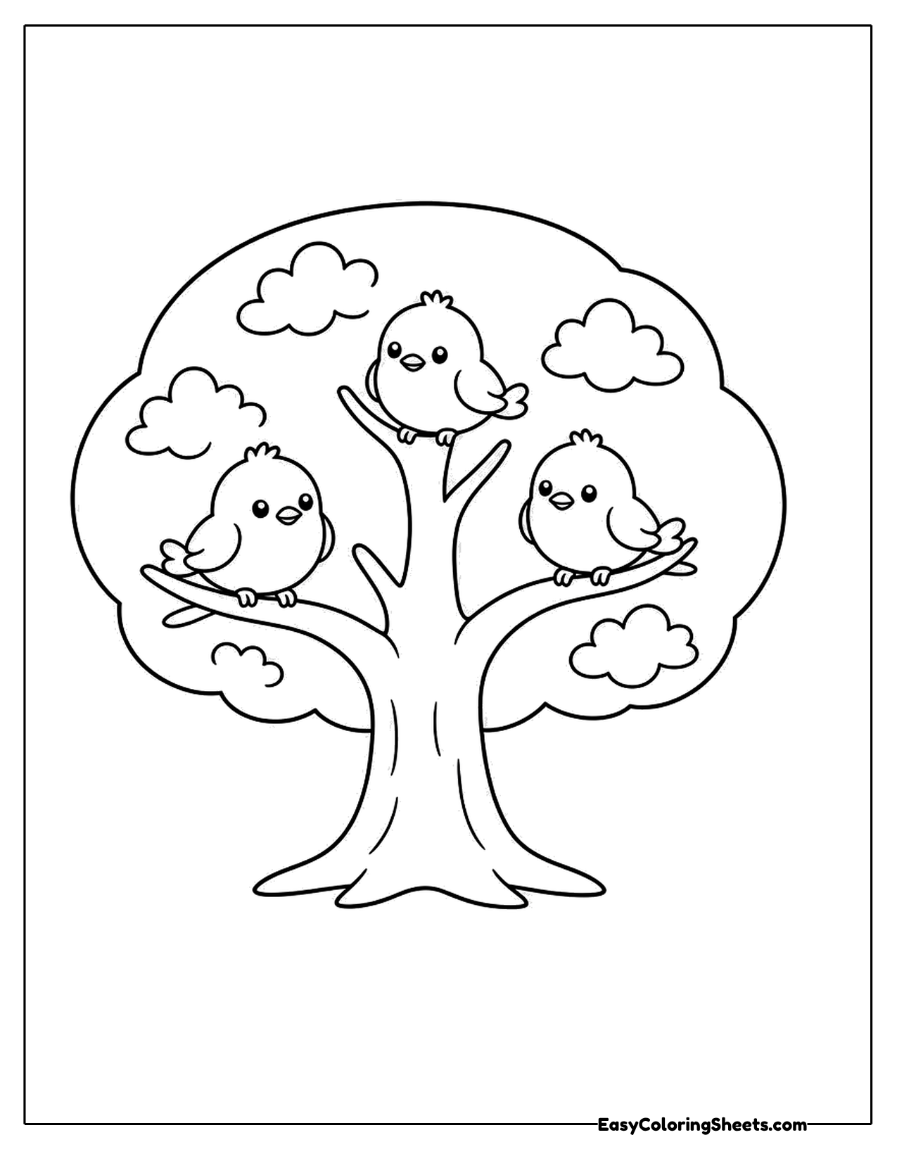 Round tree with birds among the leaves