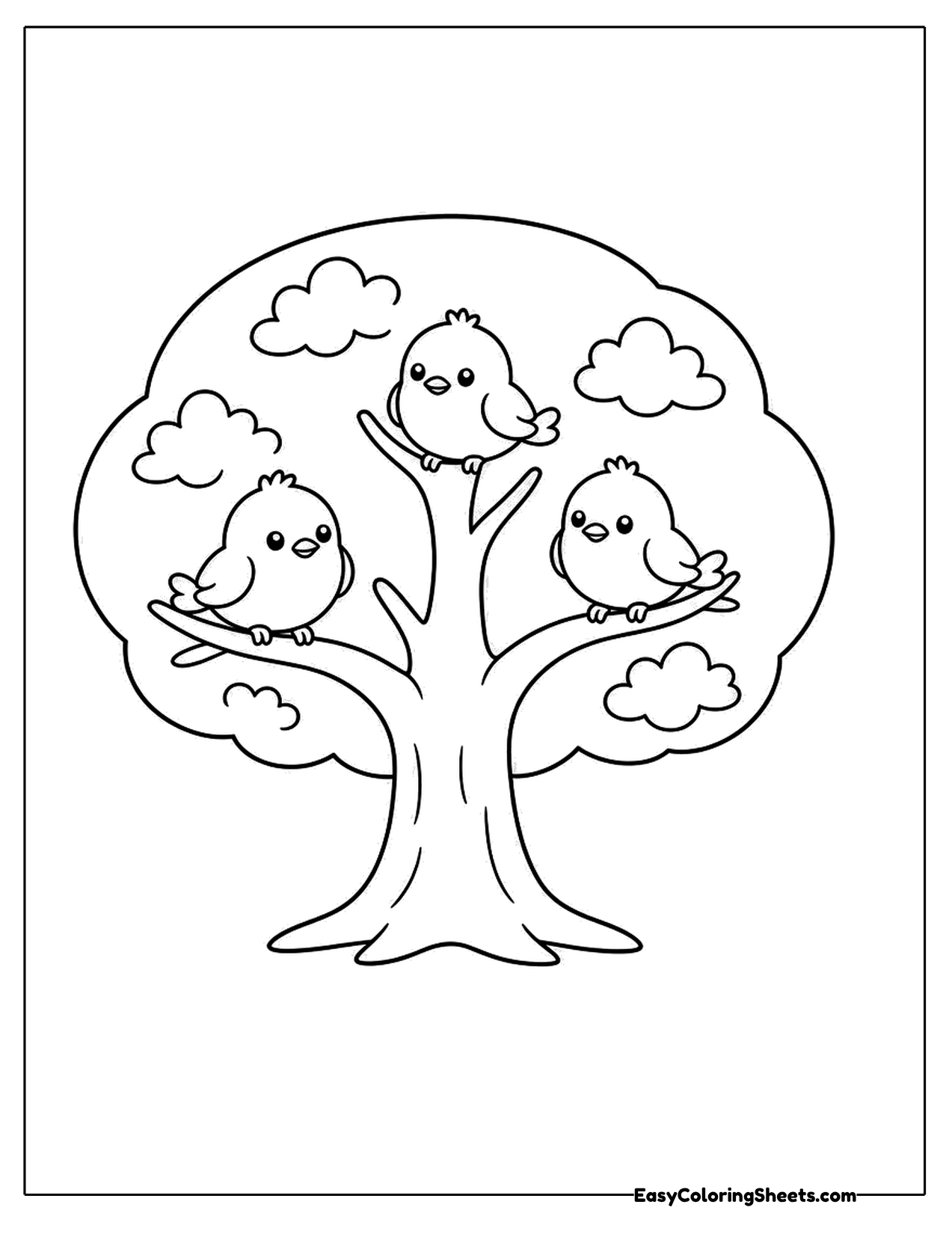 Round tree with birds among the leaves
