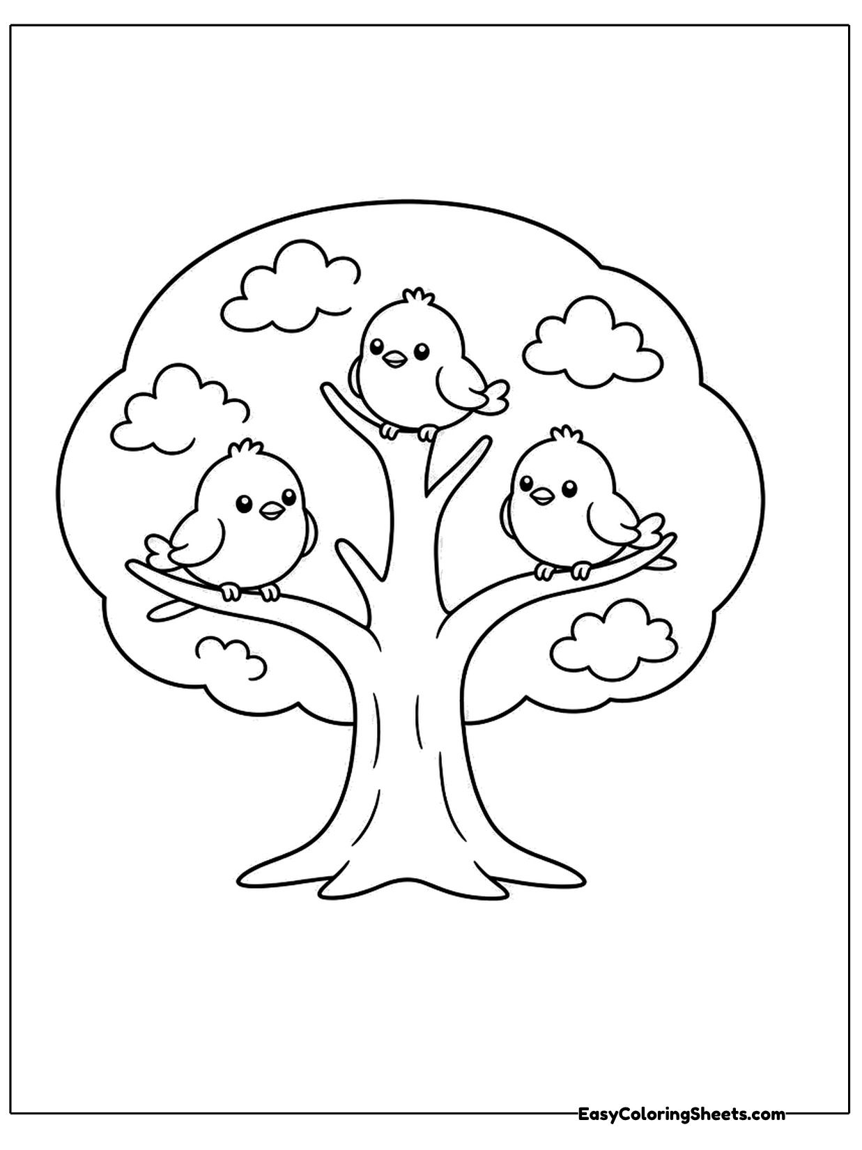 A round, leafy tree spreads its canopy wide, and several little birds nestle among the branches as if chatting together.