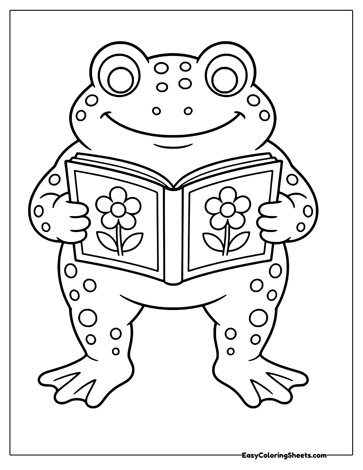 Friendly bumpy toad holding open a big flower picture book