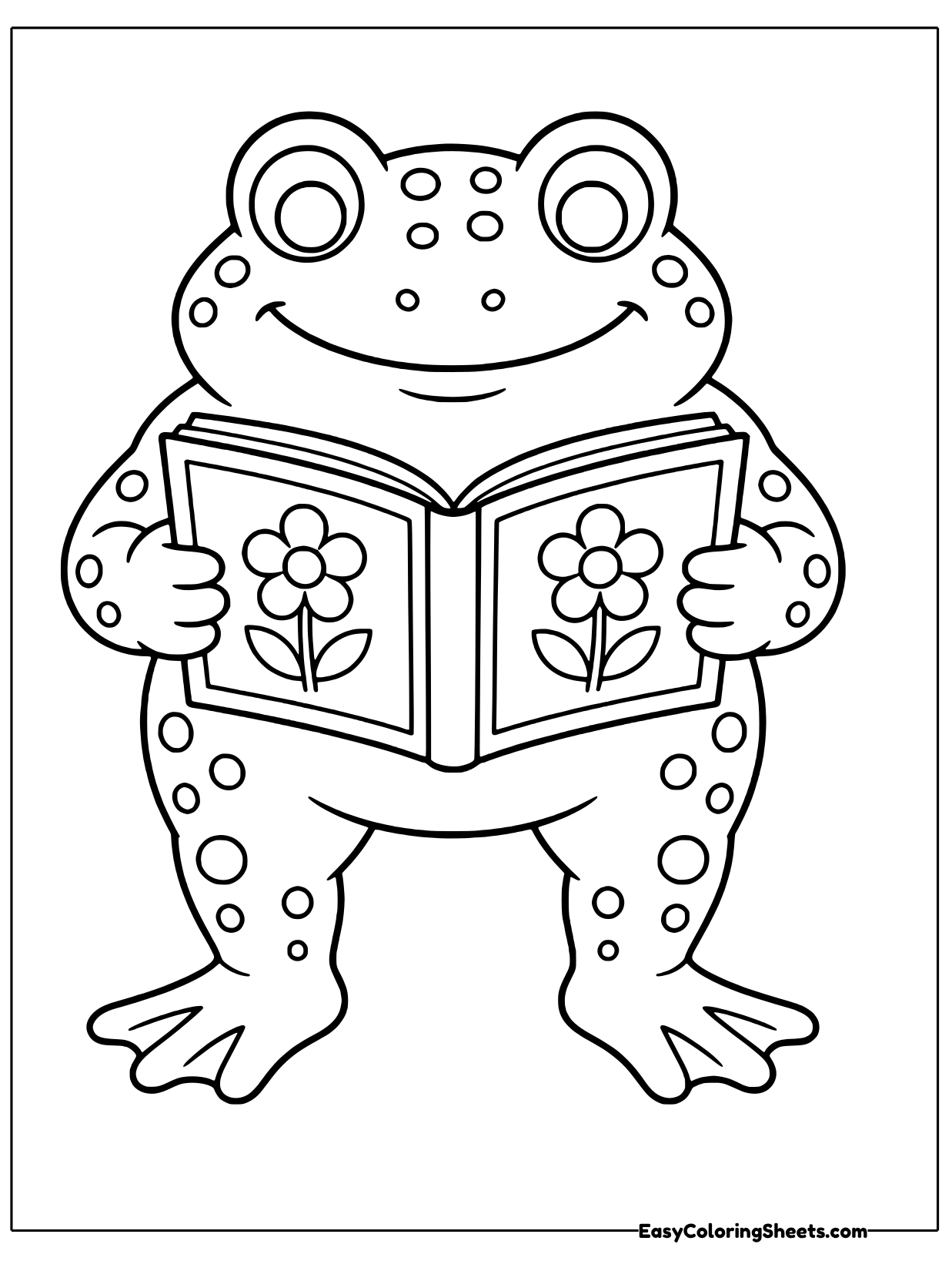 A friendly toad with bumpy, spotted skin stands upright and holds open a big picture book with flowers on its pages.