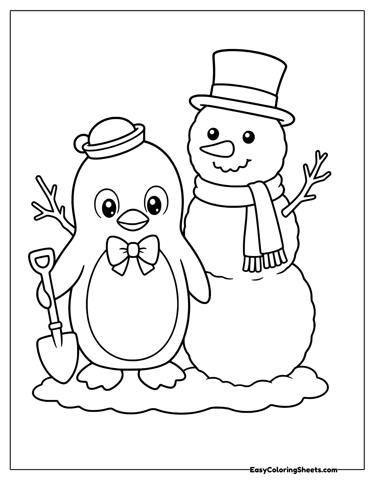Tuxedo Sam the penguin in a sailor hat and bow tie holding a shovel beside a snowman with a top hat