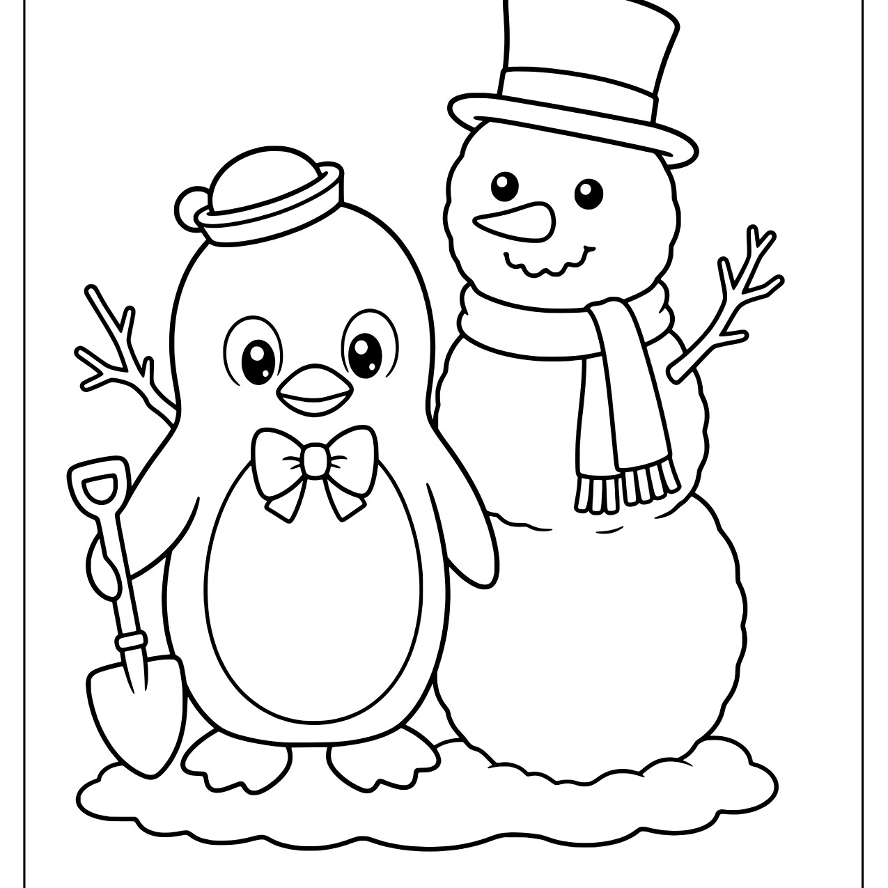 Tuxedo Sam the penguin in a sailor hat and bow tie holding a shovel beside a snowman with a top hat