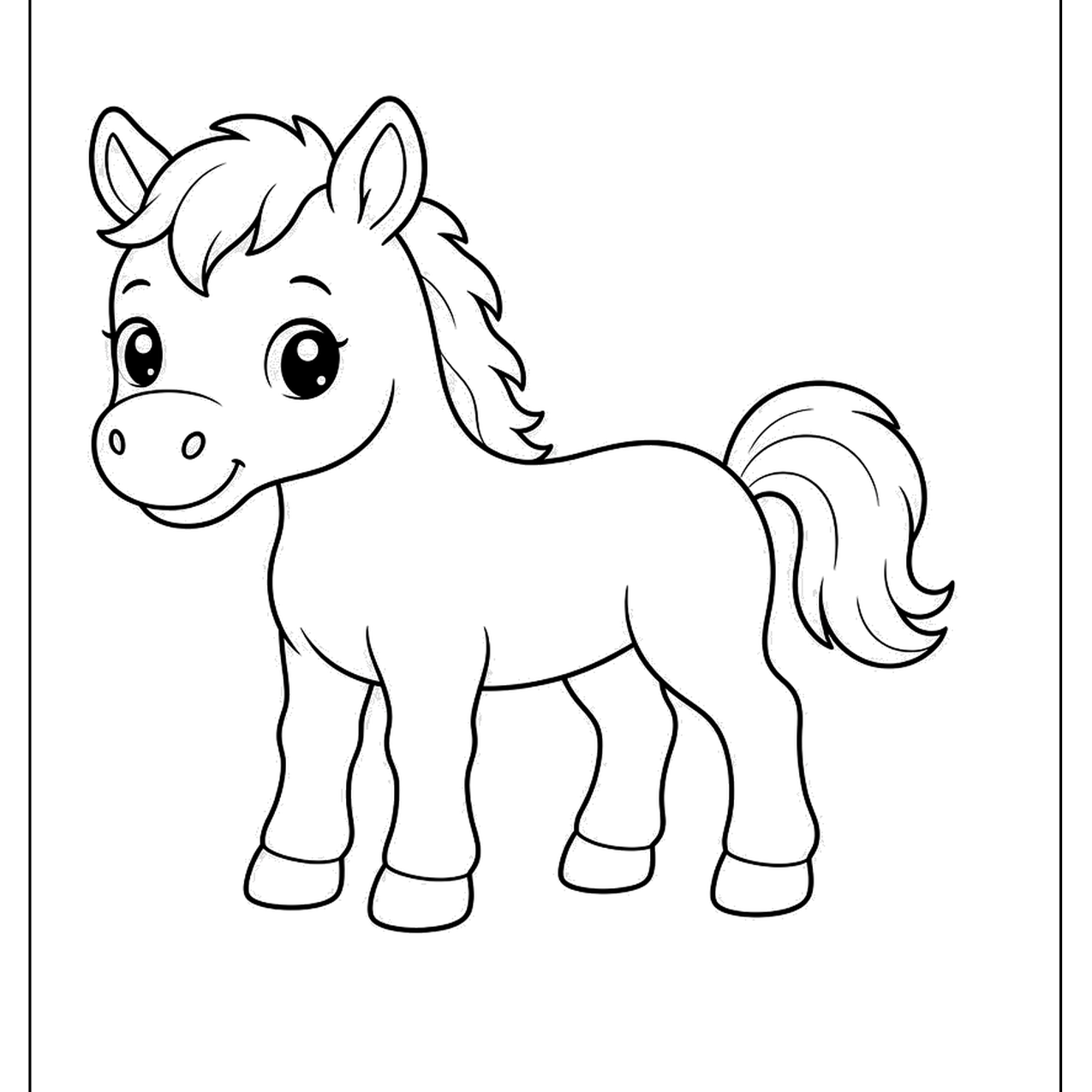 Young foal standing with a fluffy mane and tail