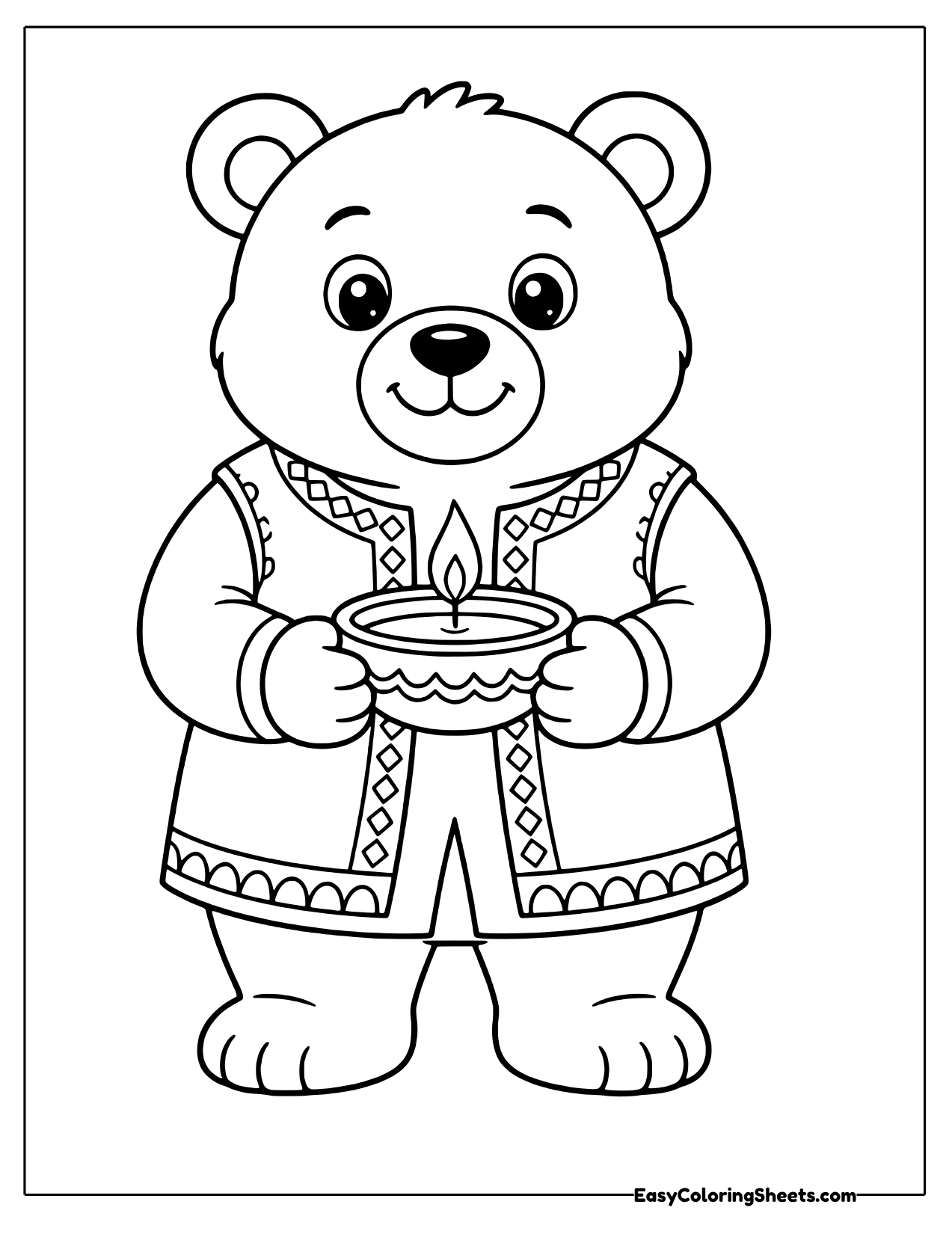 Standing bear in an embroidered vest holding a lit diya lamp in both paws
