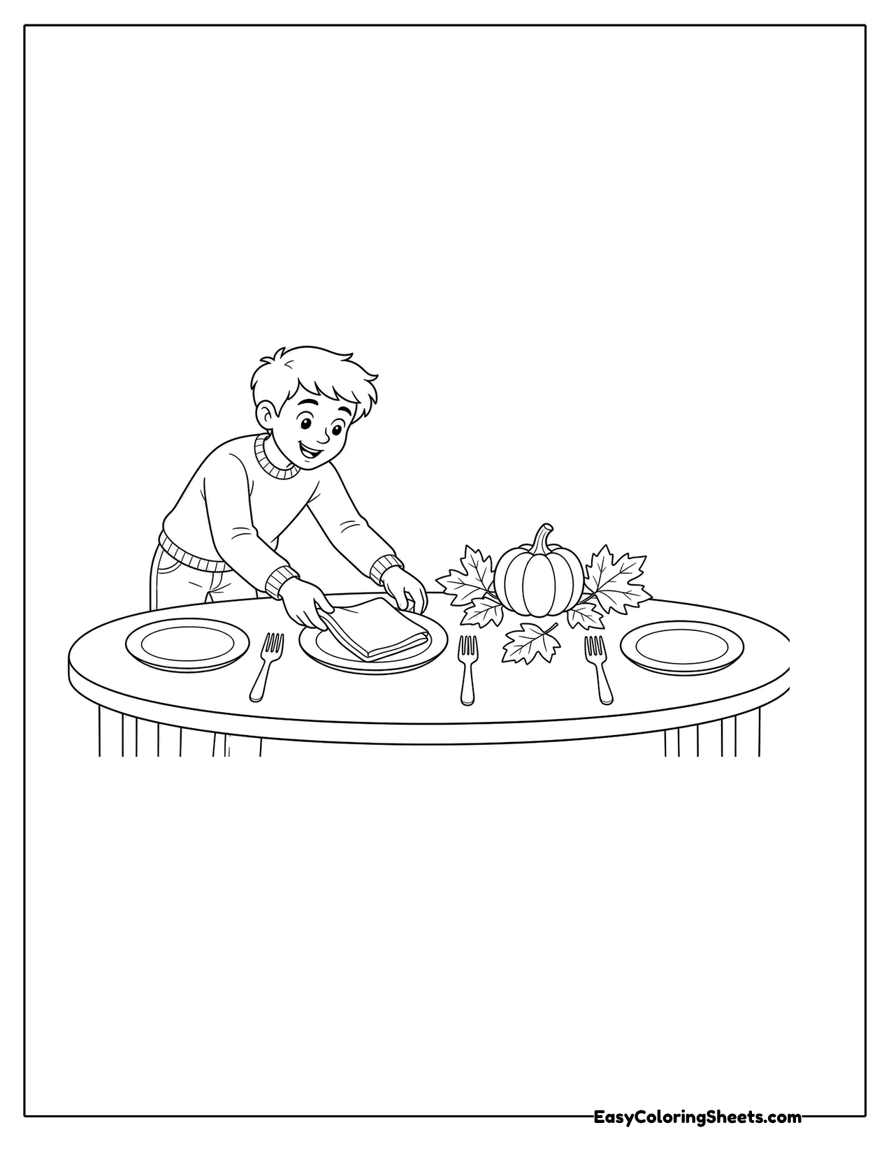 Child setting plates and silverware on a round table with a pumpkin