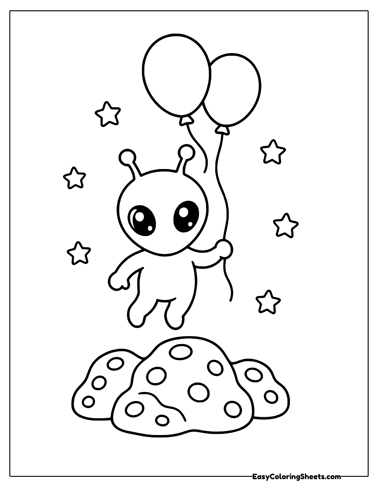 Alien holding balloons on a cratered rock