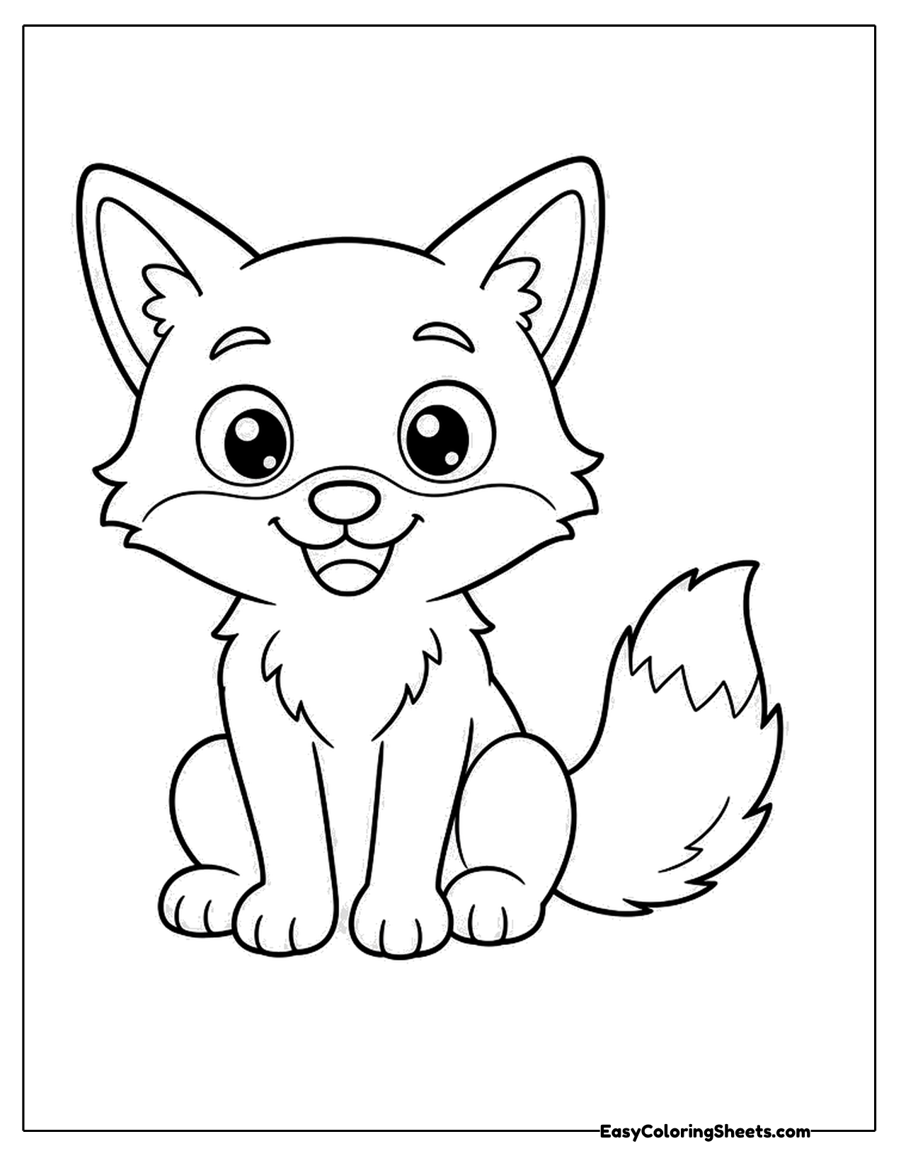 Cute fox sitting upright with pointed ears and a white tail tip