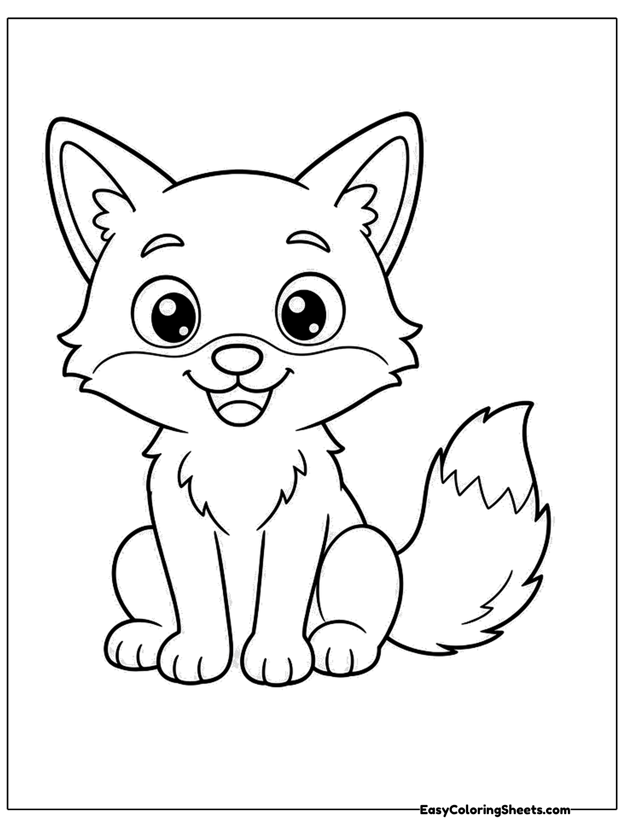 A friendly fox sits up straight with tall pointed ears, a fluffy chest and a long tail ending in a pale tip.