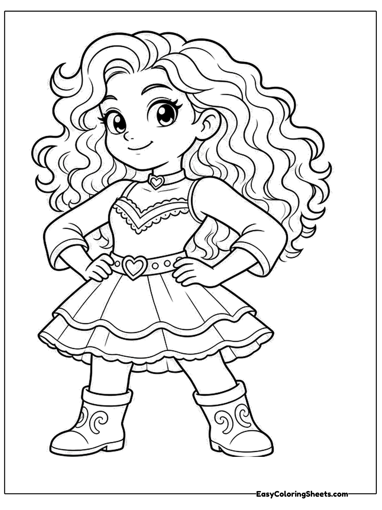 A pop star with voluminous curly hair stands confidently with her hands on her hips, wearing a sparkly dress and tall boots.
