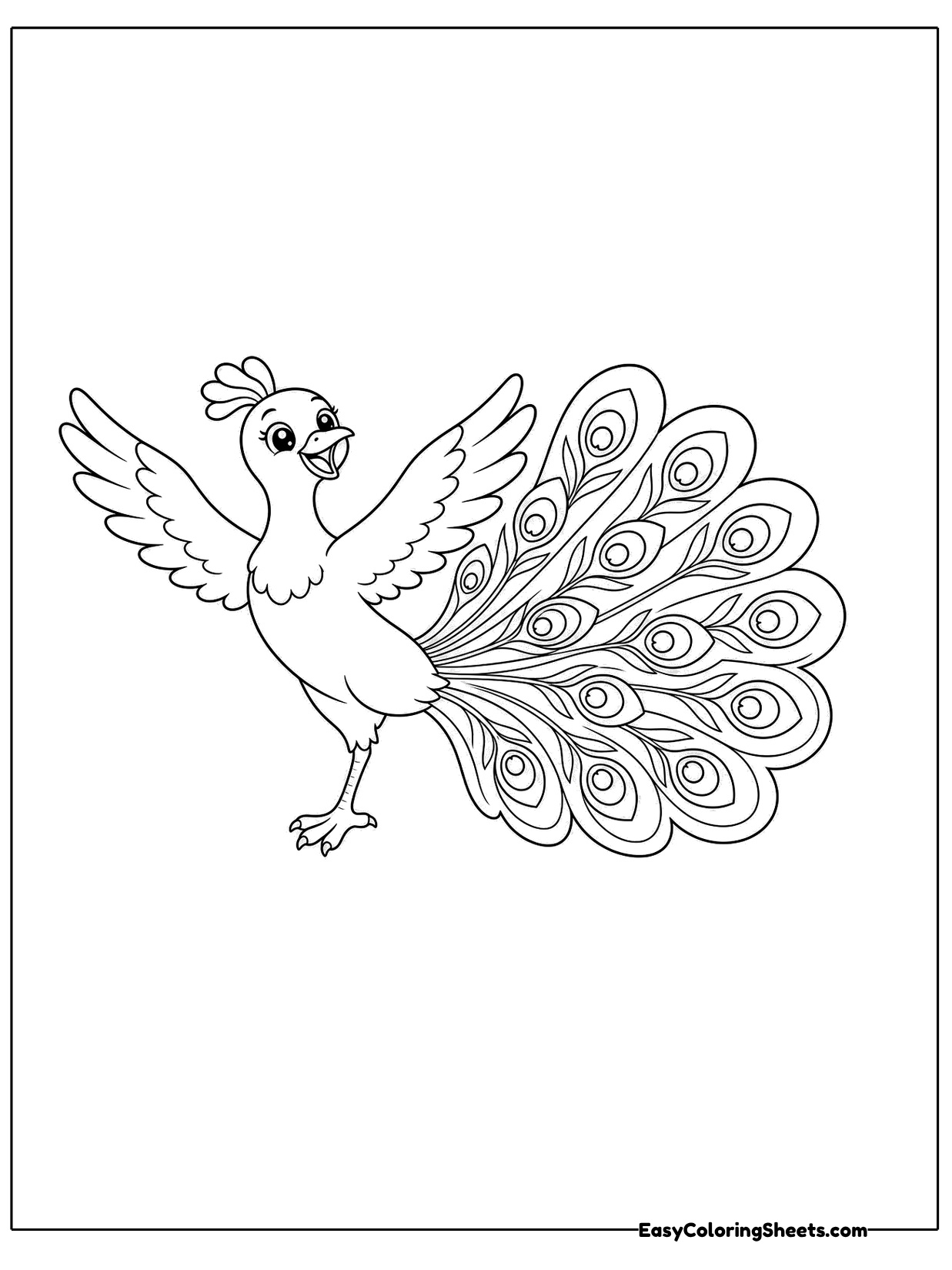 A peacock dances with its wings lifted and tail feathers fanned out to the side.
