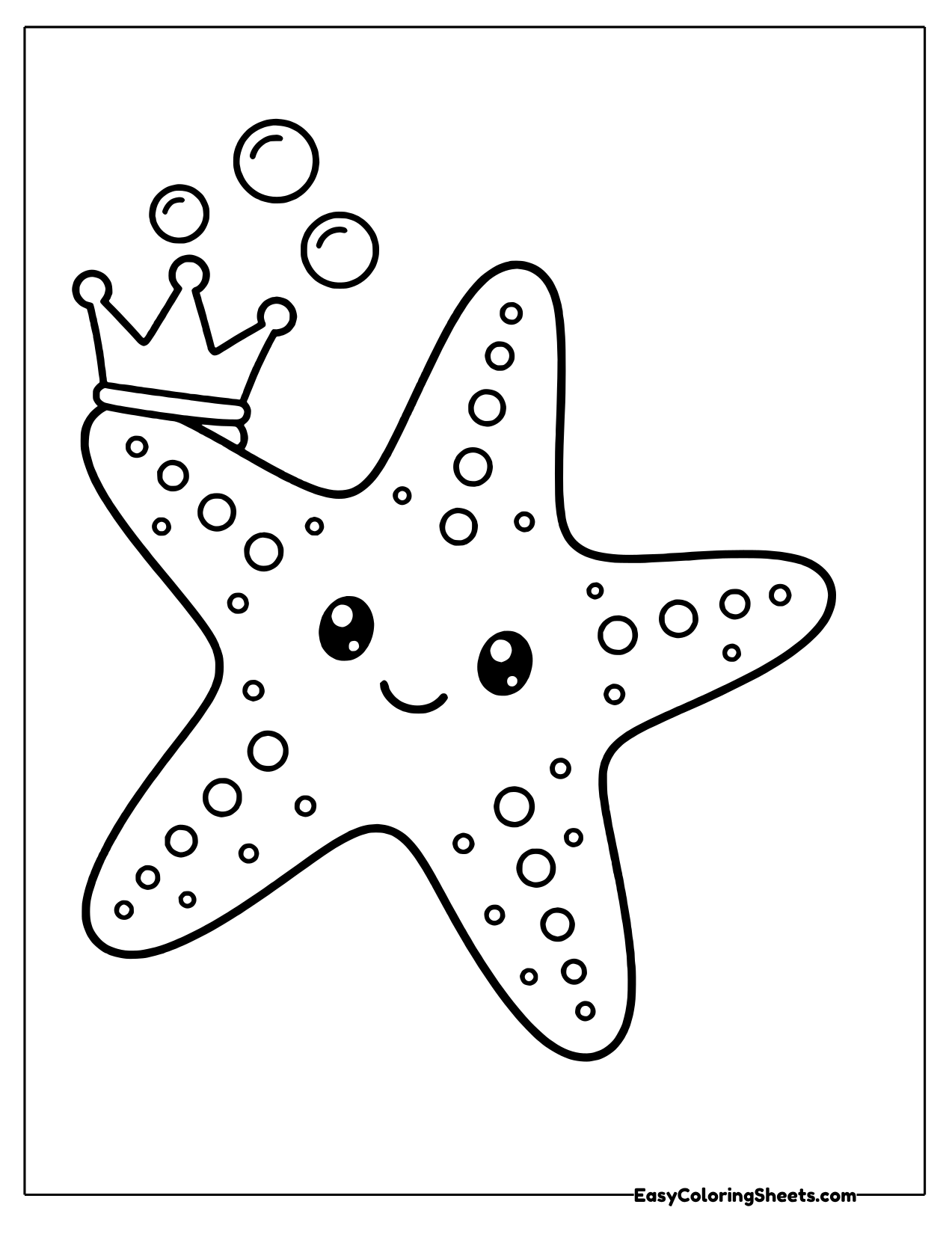 Happy dotted sea star wearing a tiny crown among bubbles