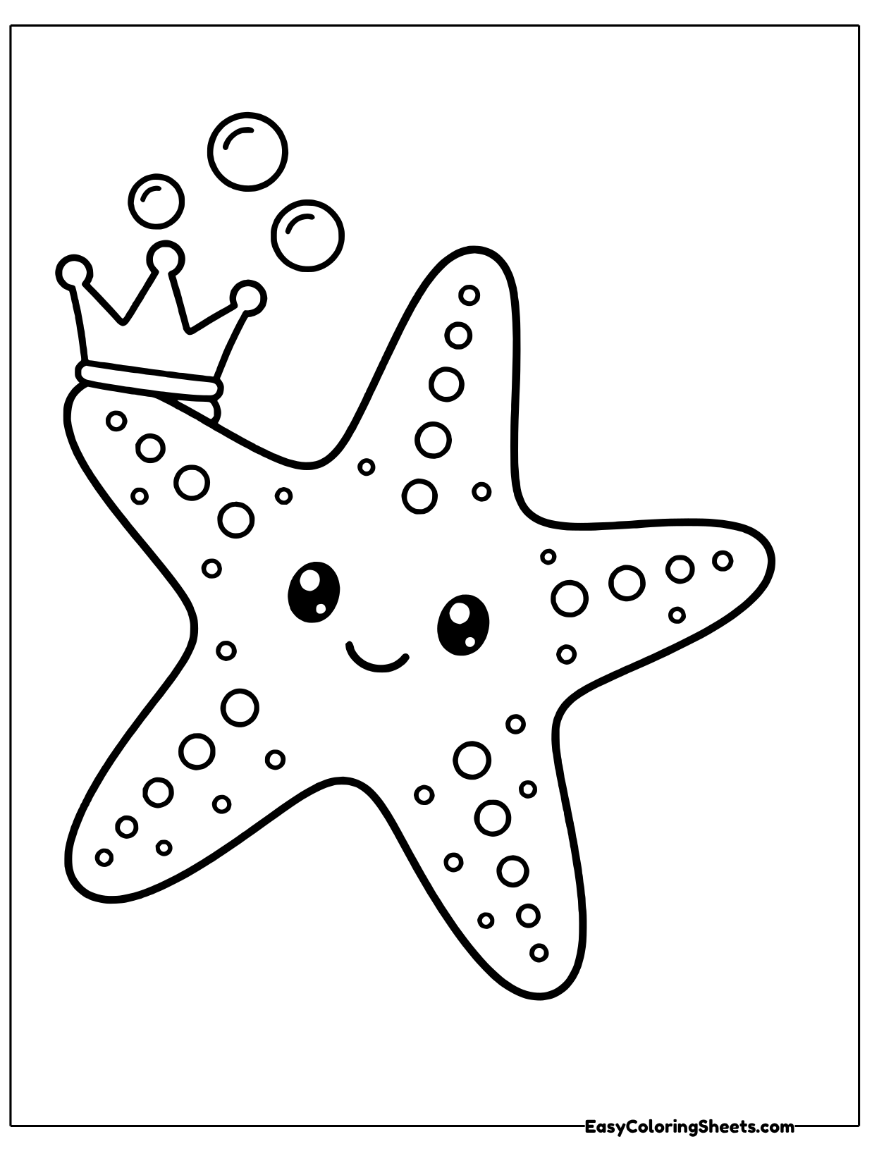A happy sea star wears a tiny golden crown tilted on one arm while bubbles float up around it.