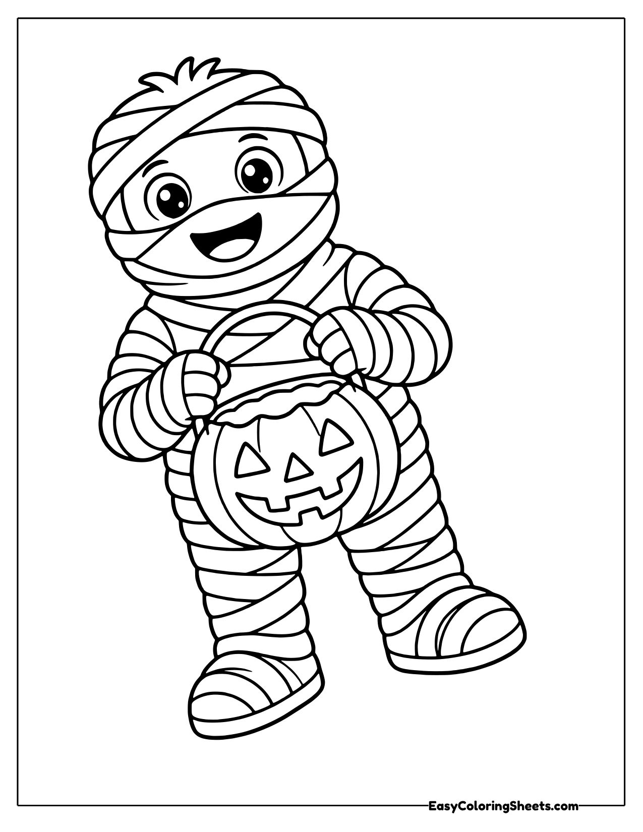Mummy carrying a pumpkin candy bucket