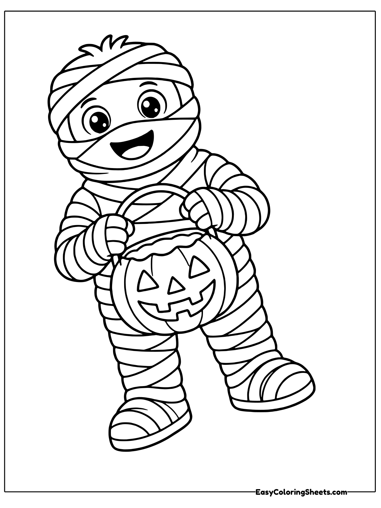 A mummy carries a jack-o-lantern candy bucket with a carved smiling face.