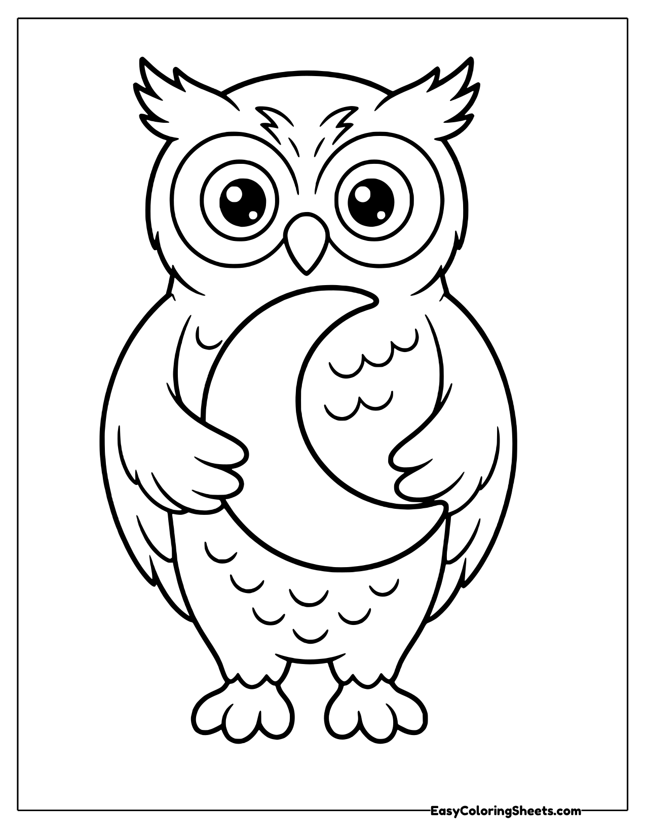 Owl with big round eyes hugging a crescent moon pillow