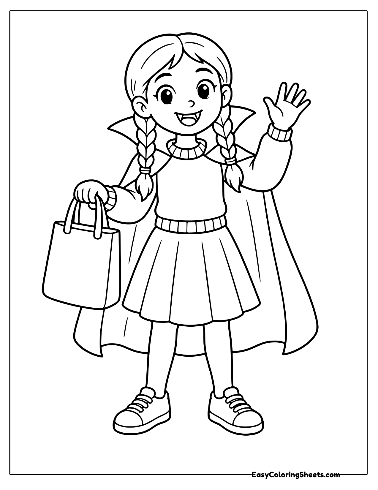 Vampire girl trick-or-treating with a bag