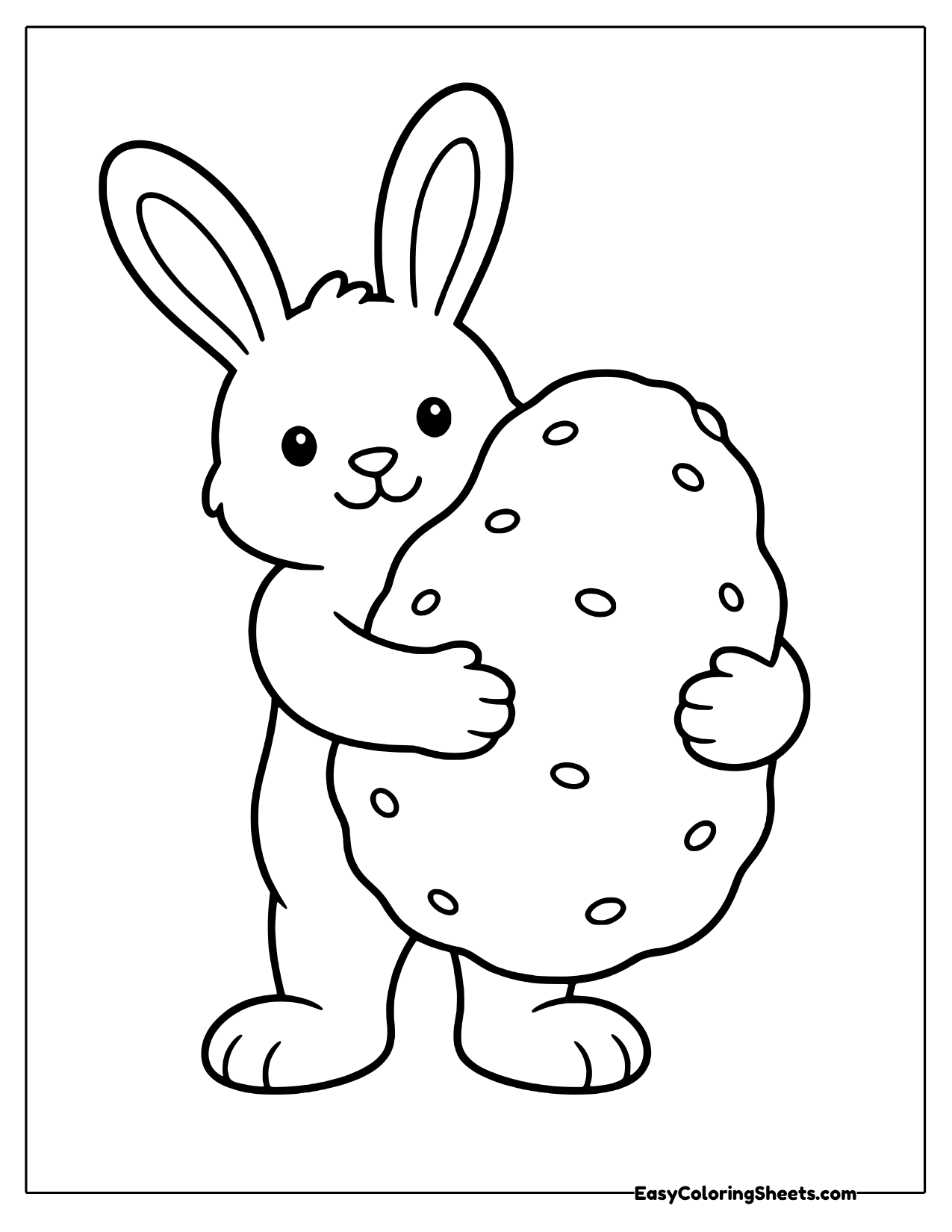 Sweet bunny with tall ears hugging a big lumpy speckled potato