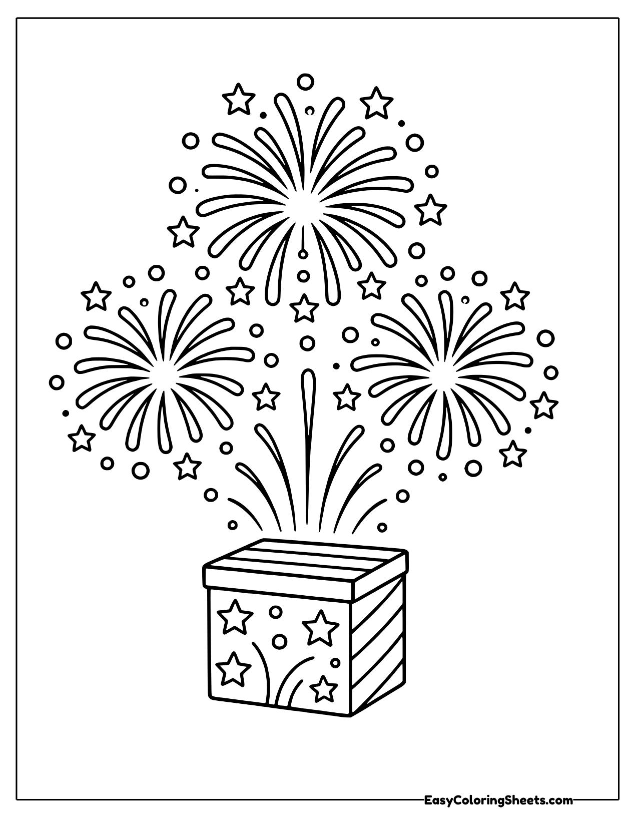 Three fireworks bursting in the sky above a starry box