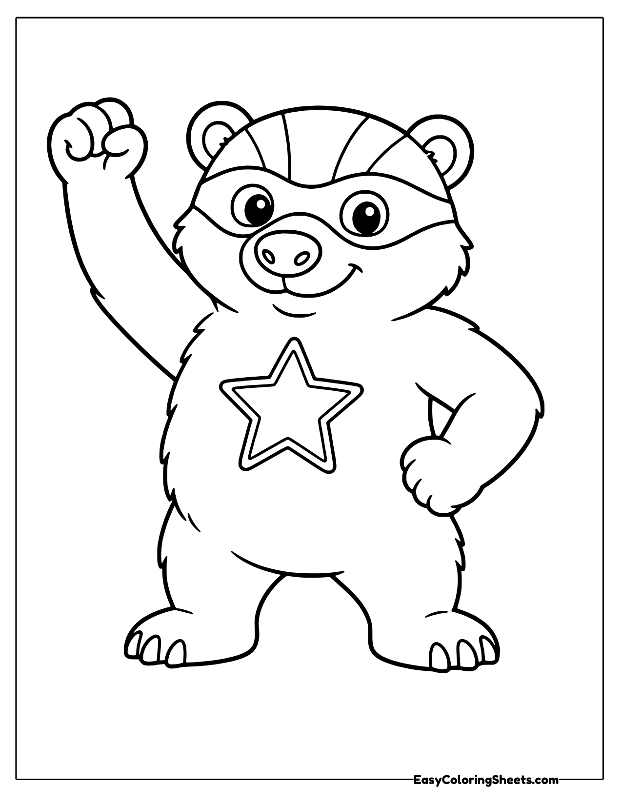 Superhero badger in an eye mask with a star emblem raising one fist