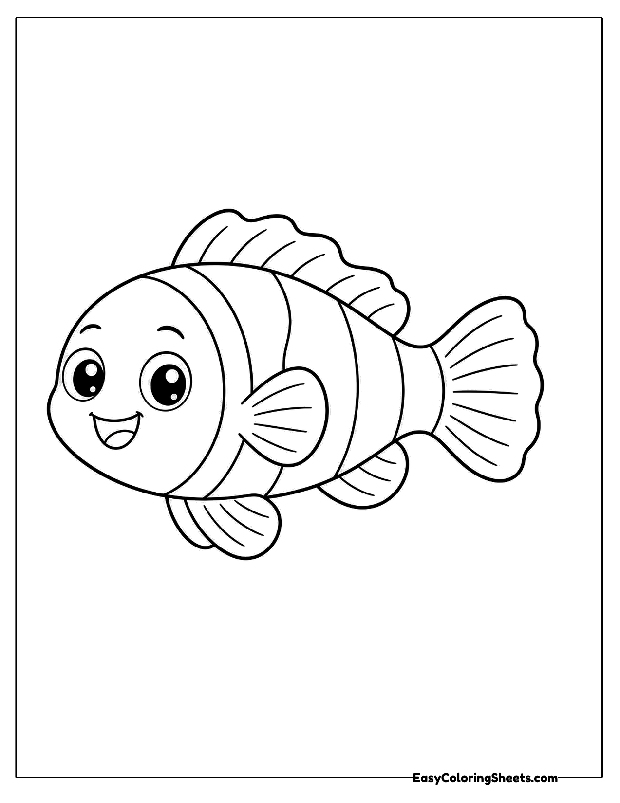 Happy clownfish with ruffled fins and bold stripes