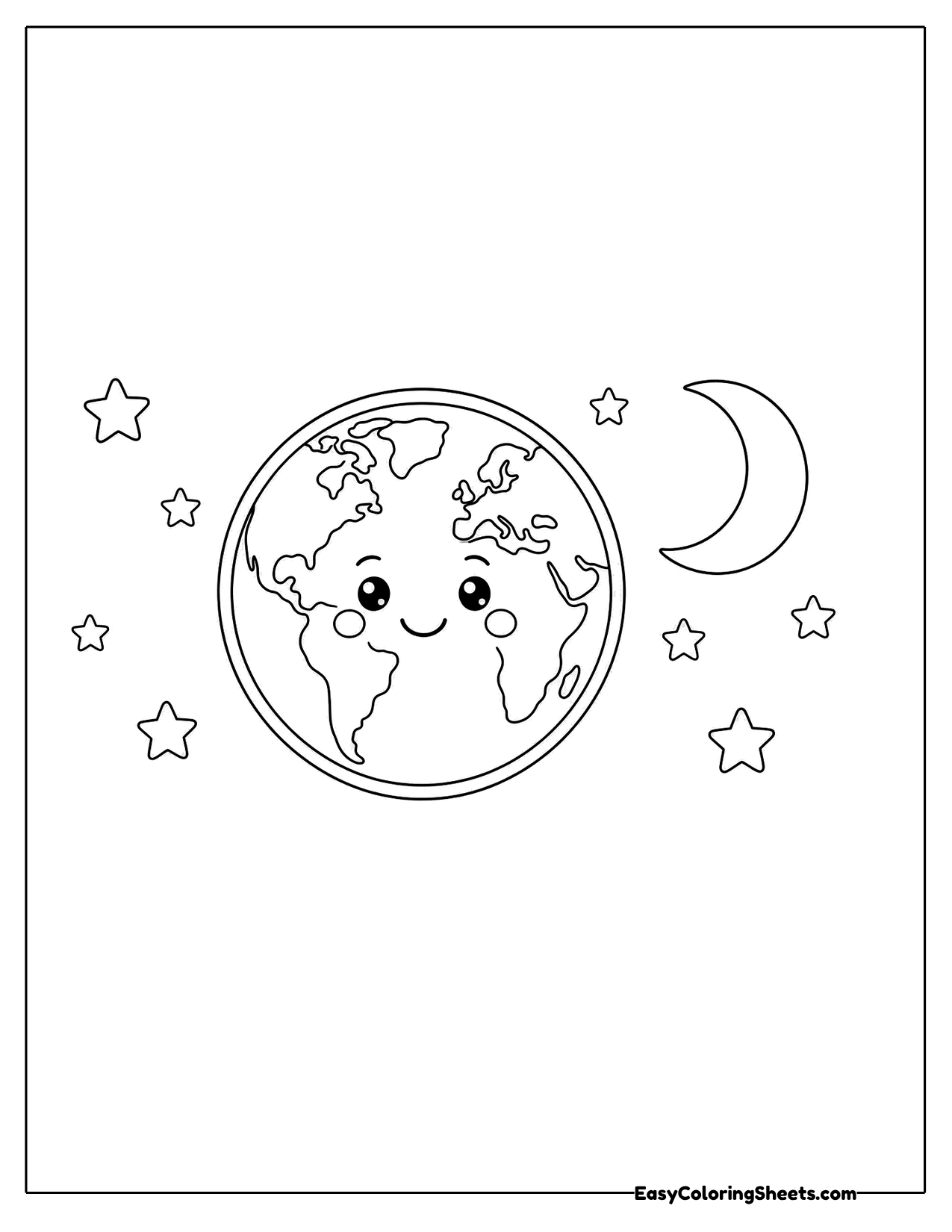 Smiling Earth with a crescent moon and stars