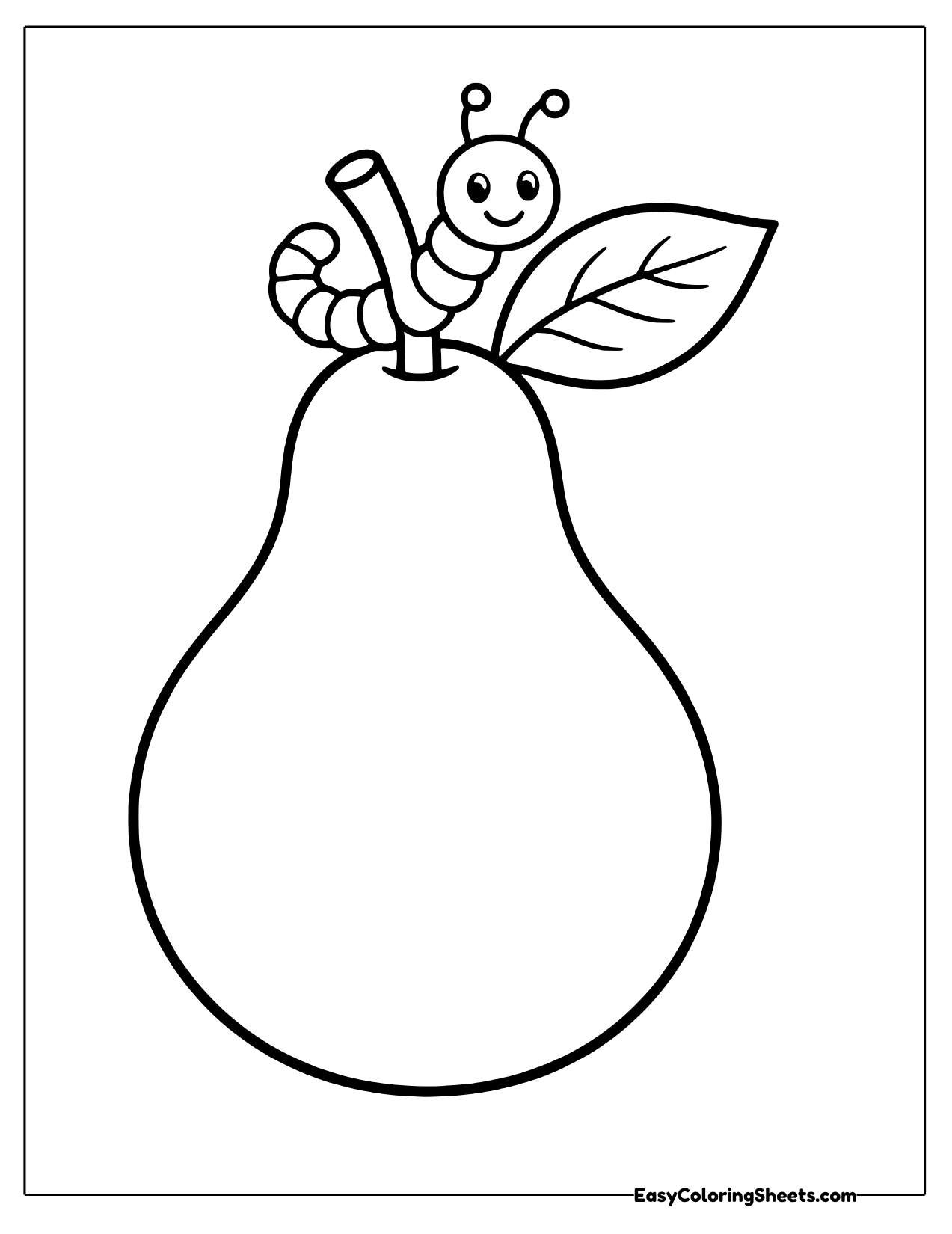 Little caterpillar curled around the stem of a giant pear