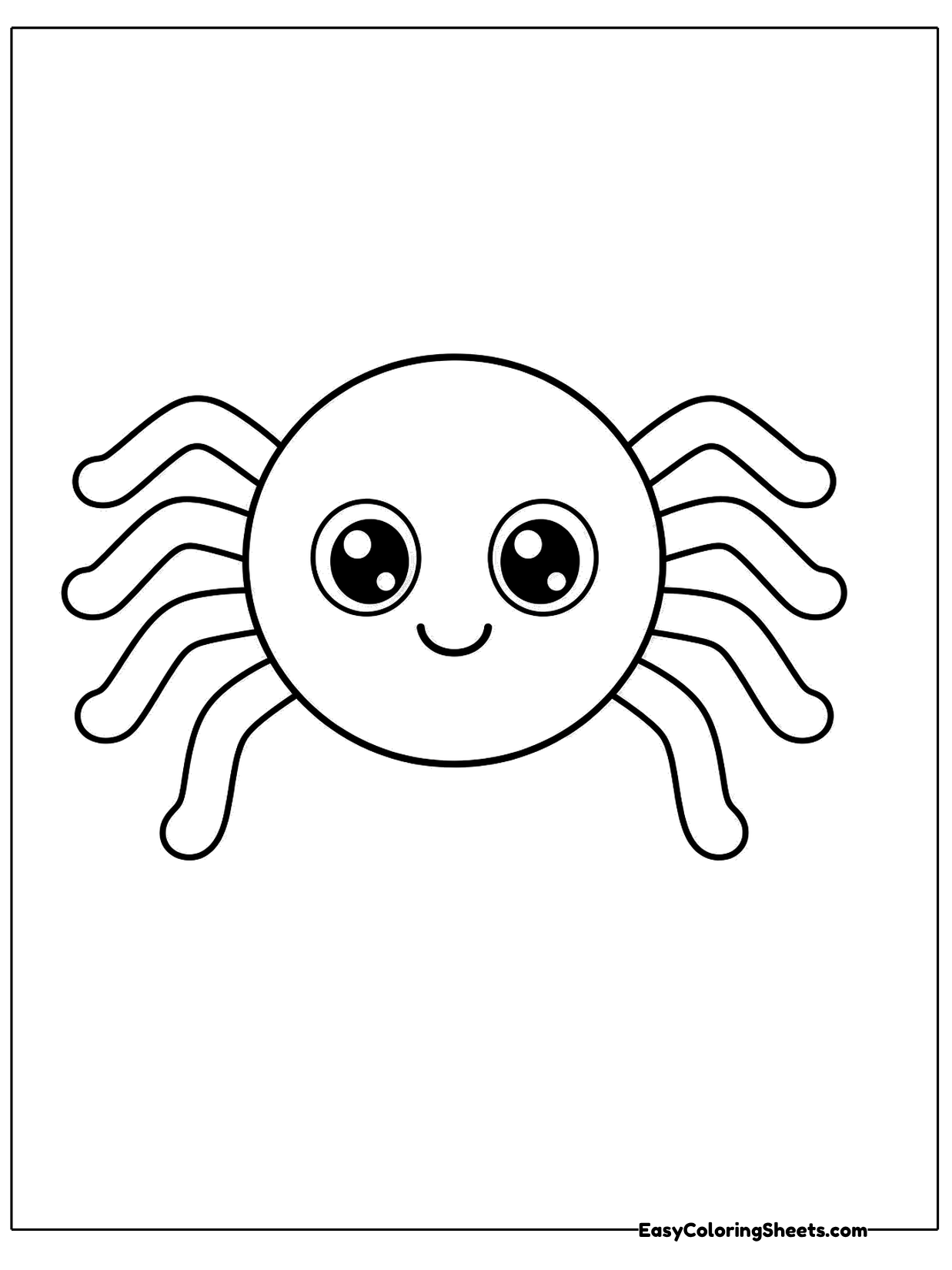 A cheerful spider with a big round body, two large eyes and a gentle smile stretches its eight bendy legs outward.