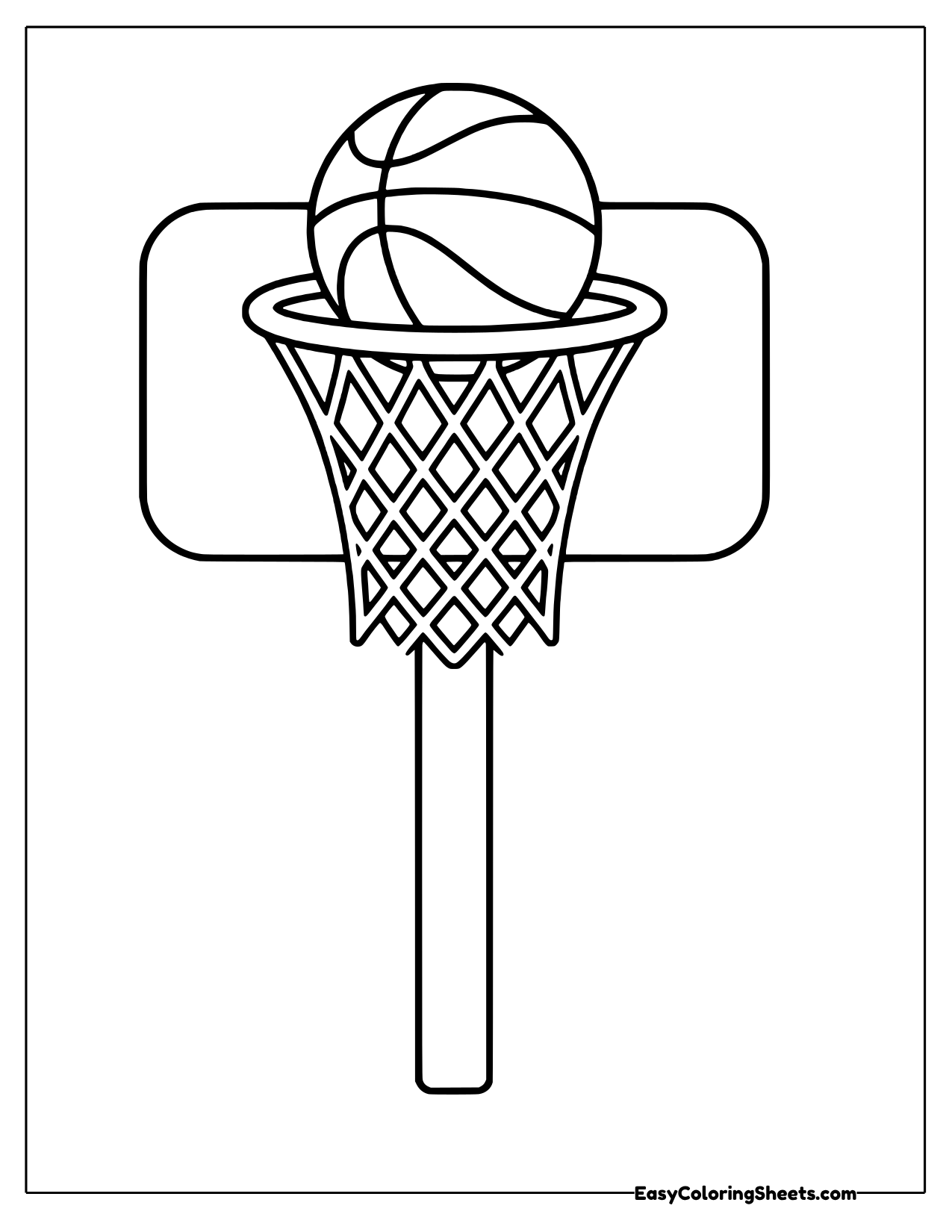 Basketball dropping through a hoop with a net and backboard on a pole