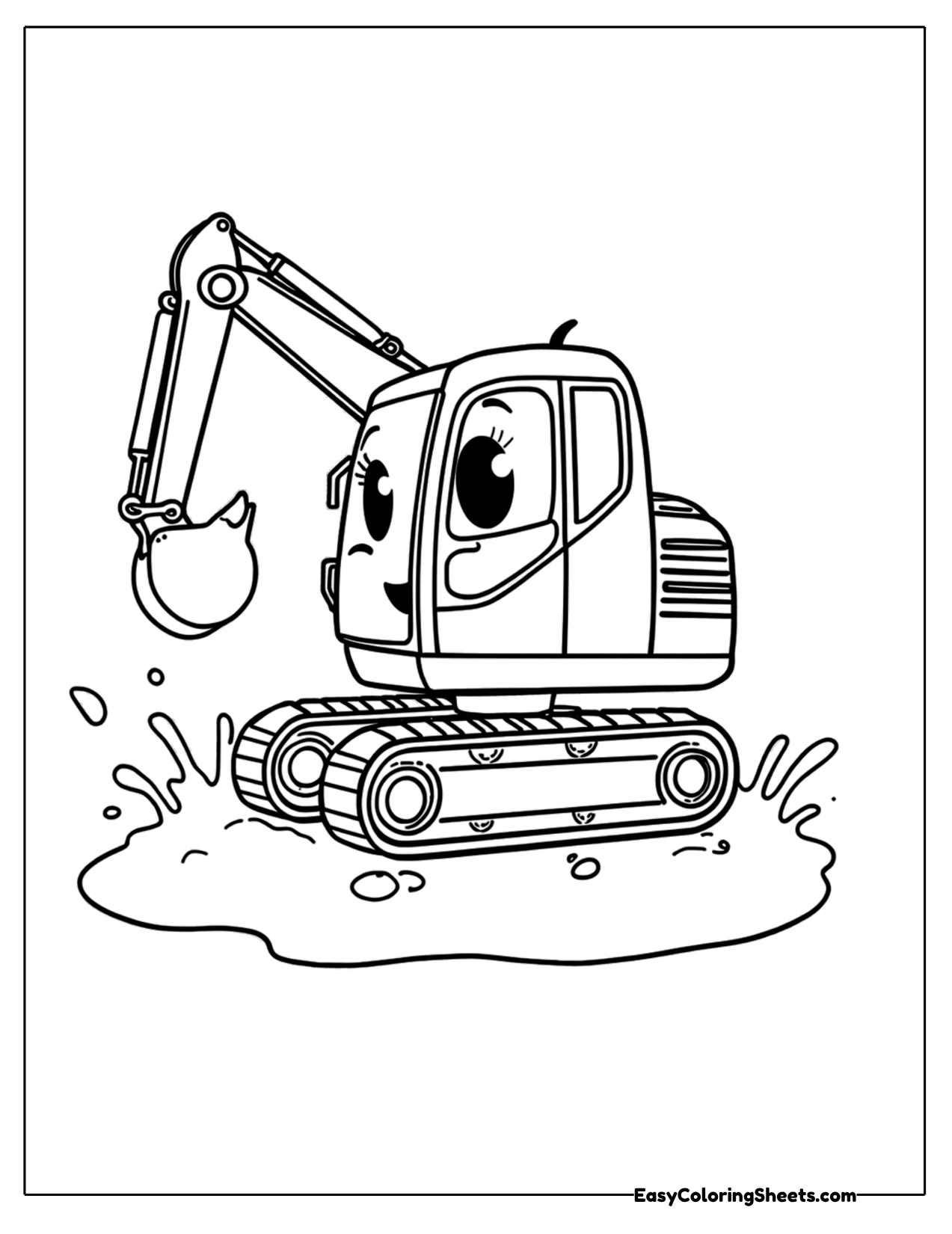 Chibi excavator playing in a mud puddle