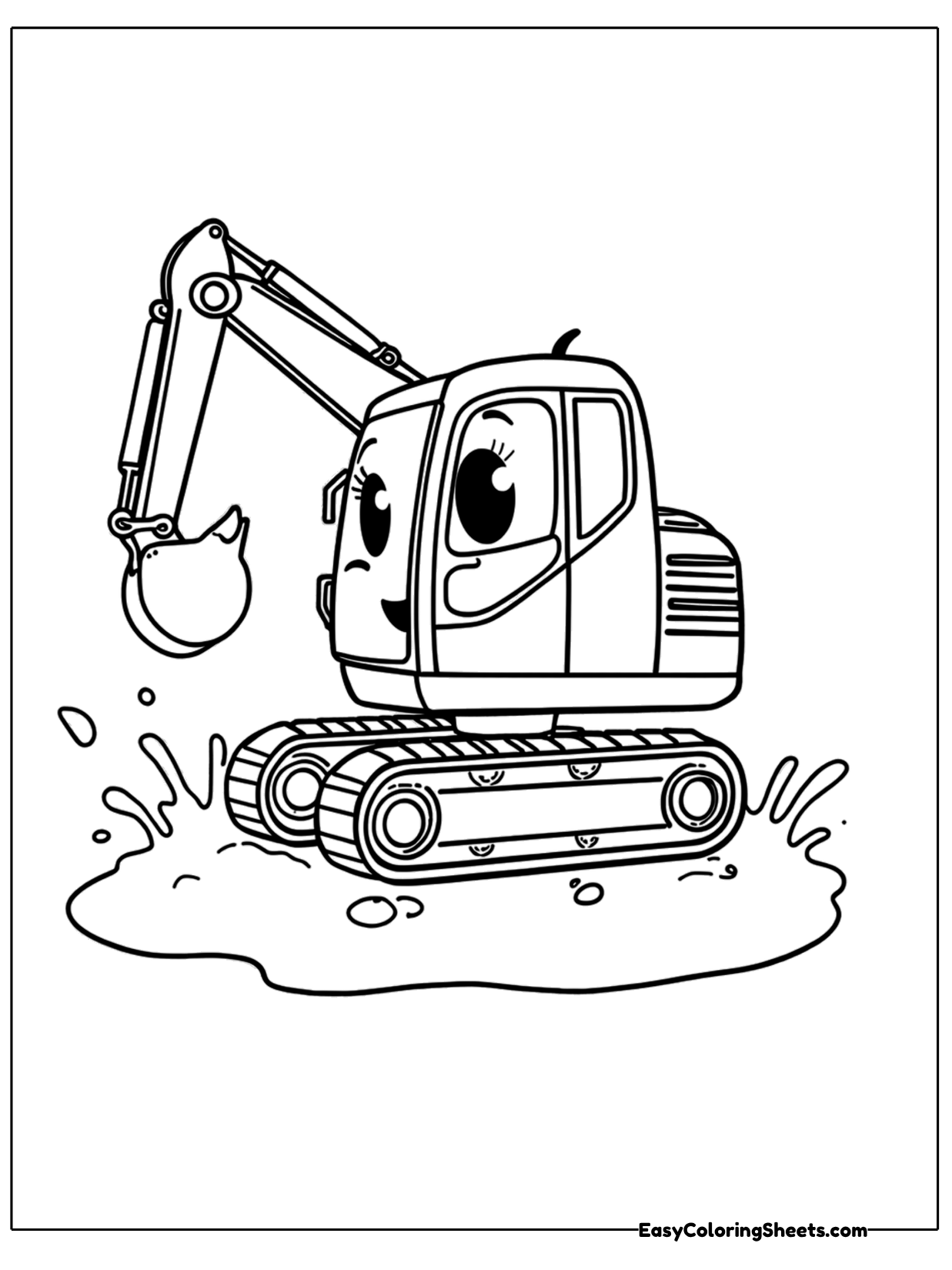 A smiling excavator splashes in a muddy puddle with its bucket raised high.