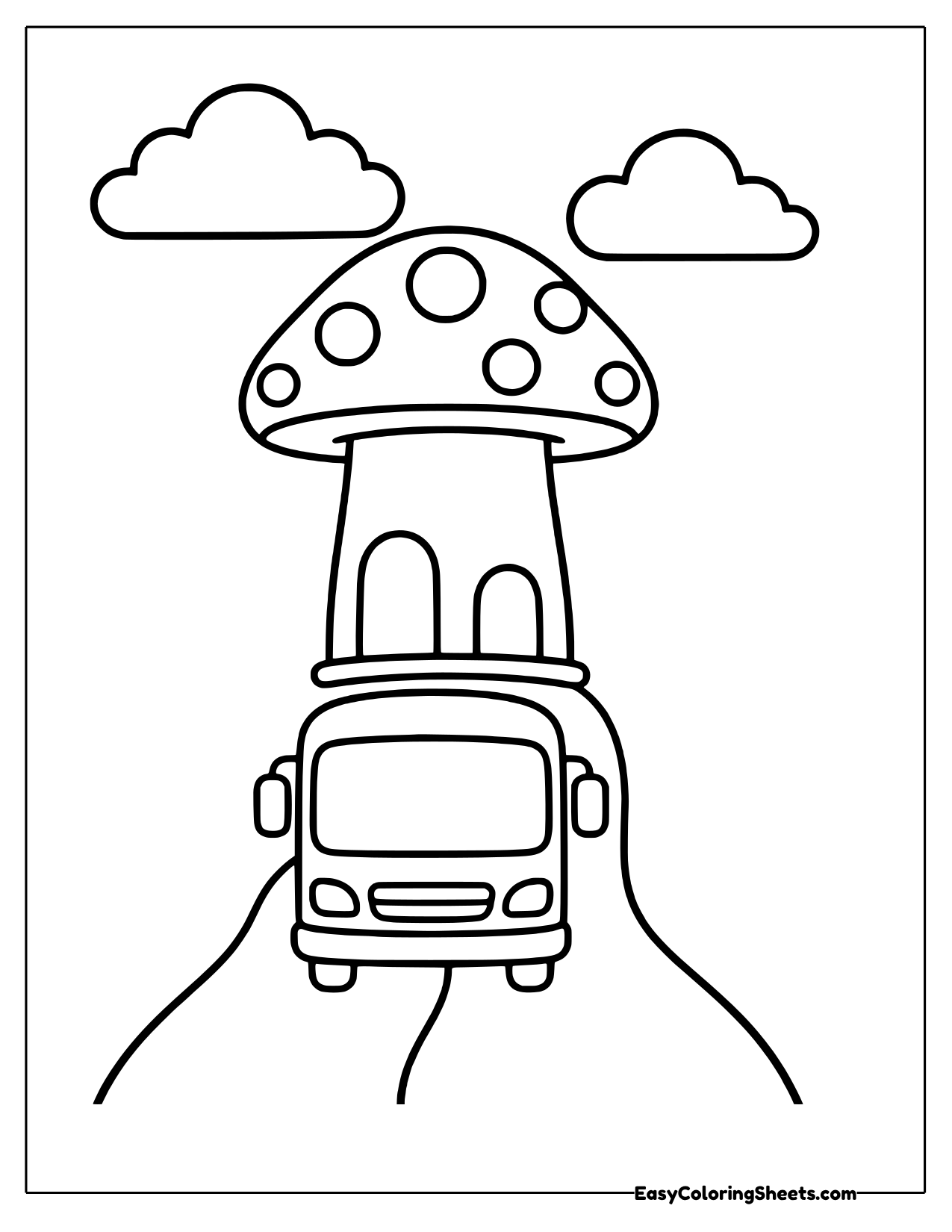 Bus driving under a giant mushroom house