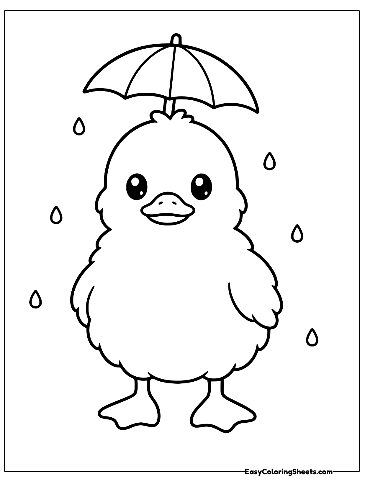A duckling stands under a tiny umbrella while raindrops fall around it.