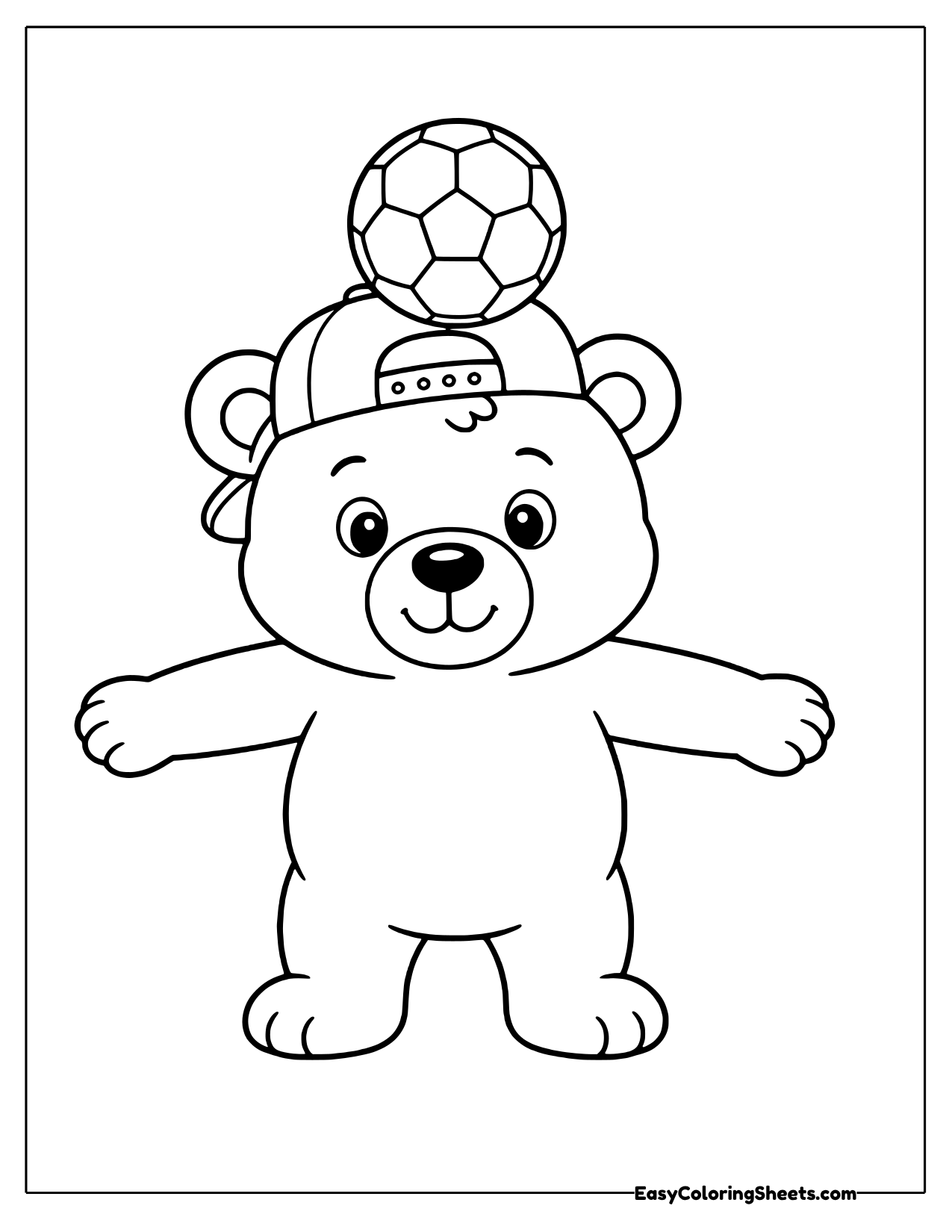 Bear cub in a backwards cap balancing a soccer ball on its head